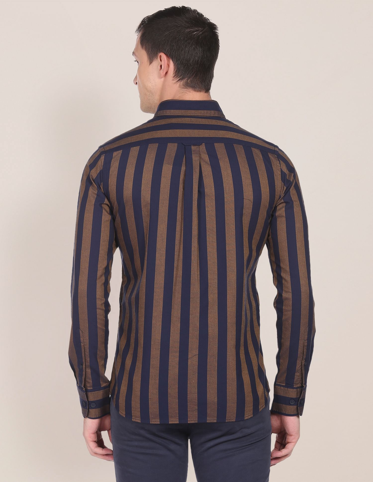 Vertical Stripe Oxford Casual Shirt Brown and Navy - U.S. Polo Assn. India | Large