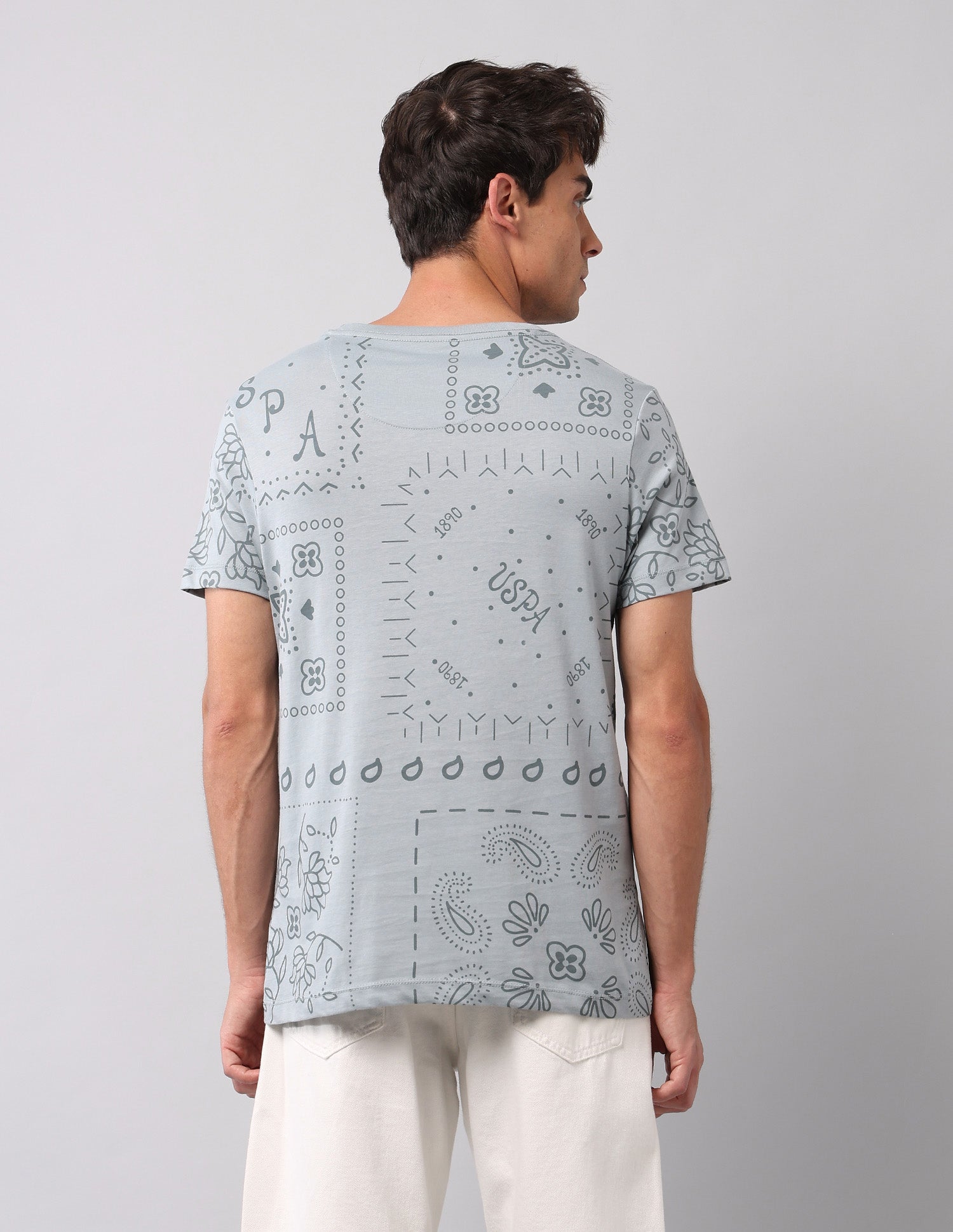 All Over Printed Pure Cotton T-Shirt Light Grey - U.S. Polo Assn. India | Large