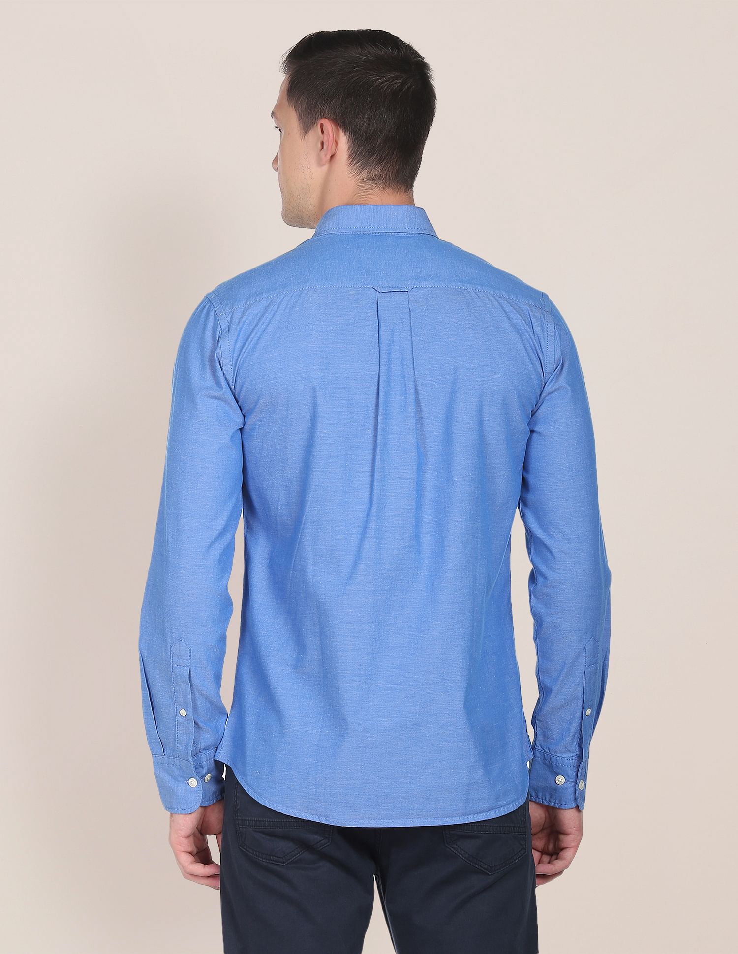 Men Blue Button Down Collar Oxford Casual Shirt Blue - U.S. POLO ASSN. | Large