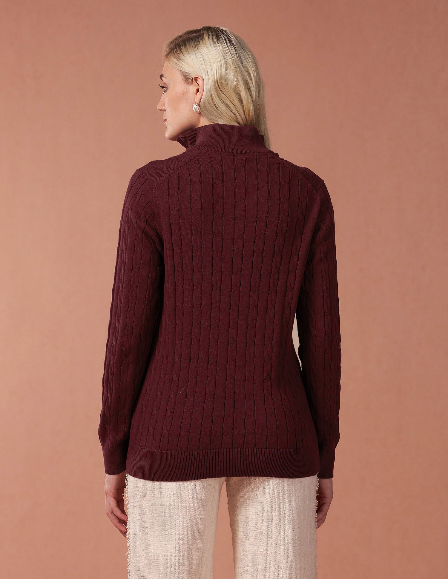 High Neck Cable Knit Sweater Wine - U.S. Polo Assn. India | Large