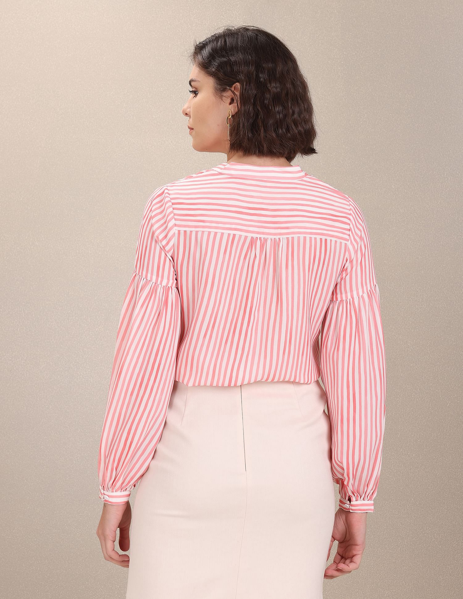 Mandarin Collar Vertical Striped Evening Top White and Pink - U.S. POLO ASSN. | Large