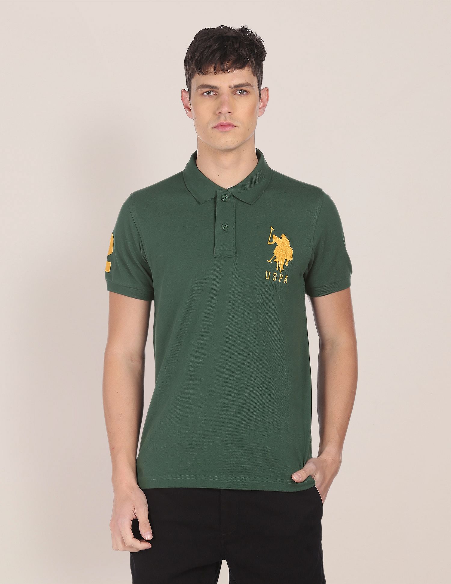 Men Dark Green Cotton Solid Polo Shirt Dark Green - U.S. POLO ASSN. | Large