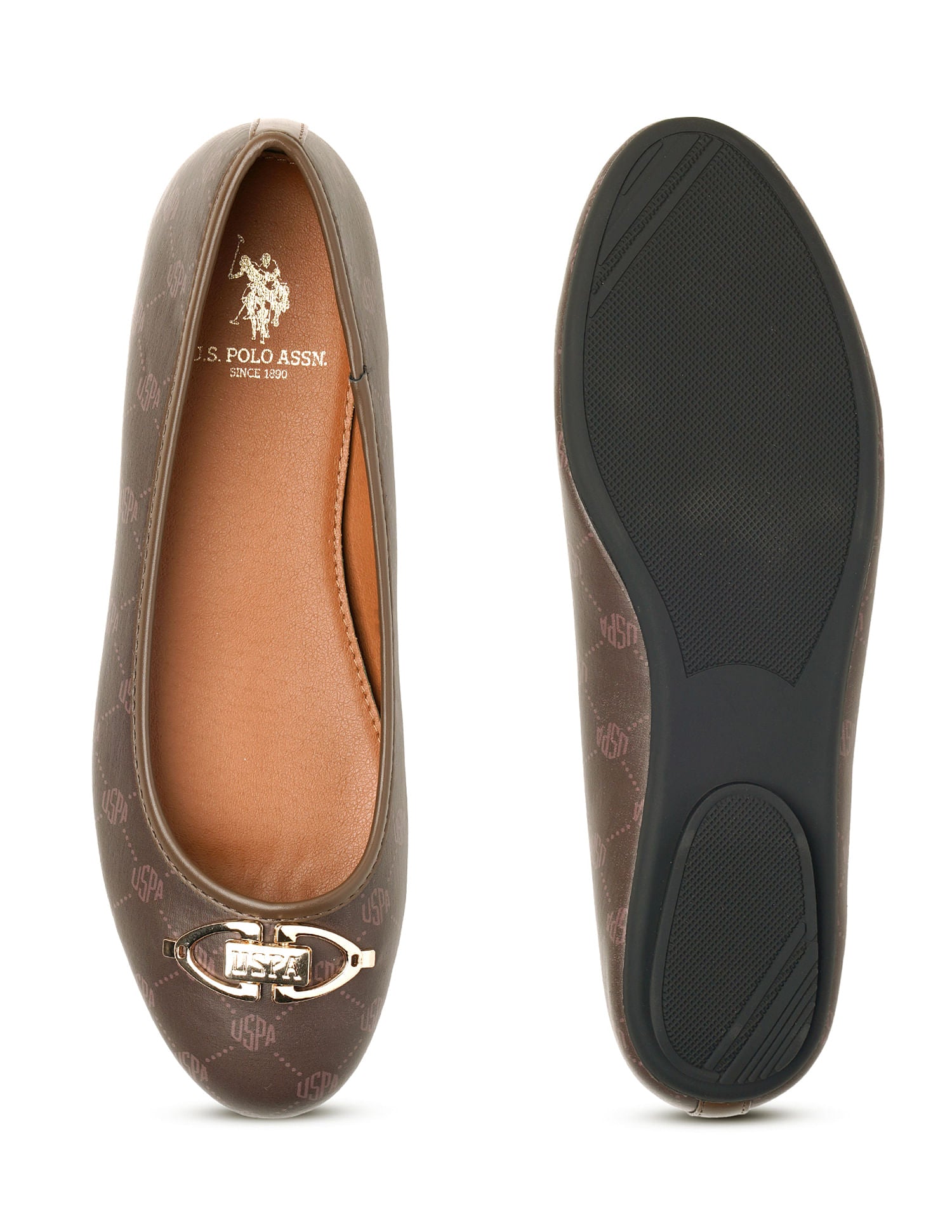 Panelled All Over Monogram Gloria Ballerinas Tan - U.S. Polo Assn. India | Large