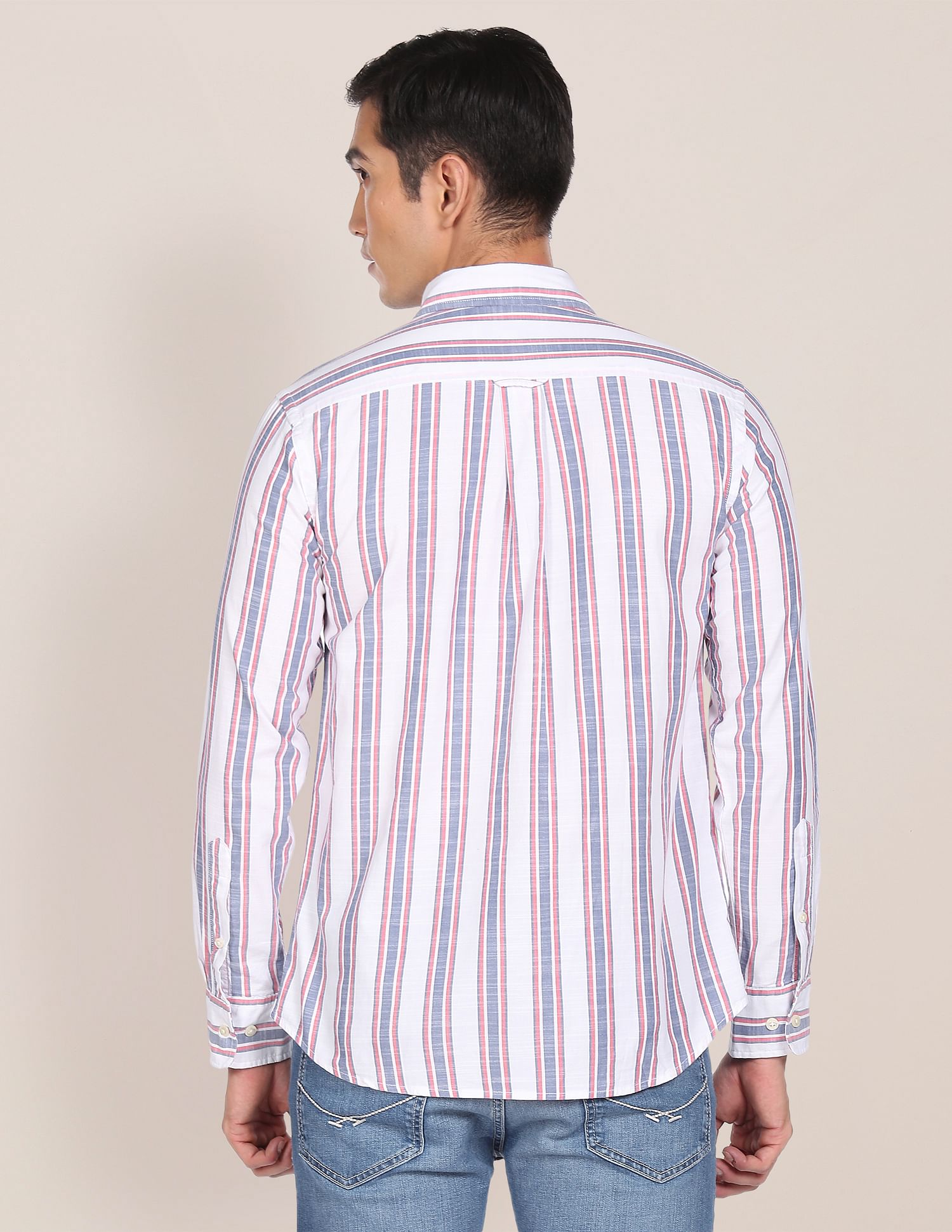 Men White Regular Fit Striped Casual Shirt White - U.S. Polo Assn. India | Large