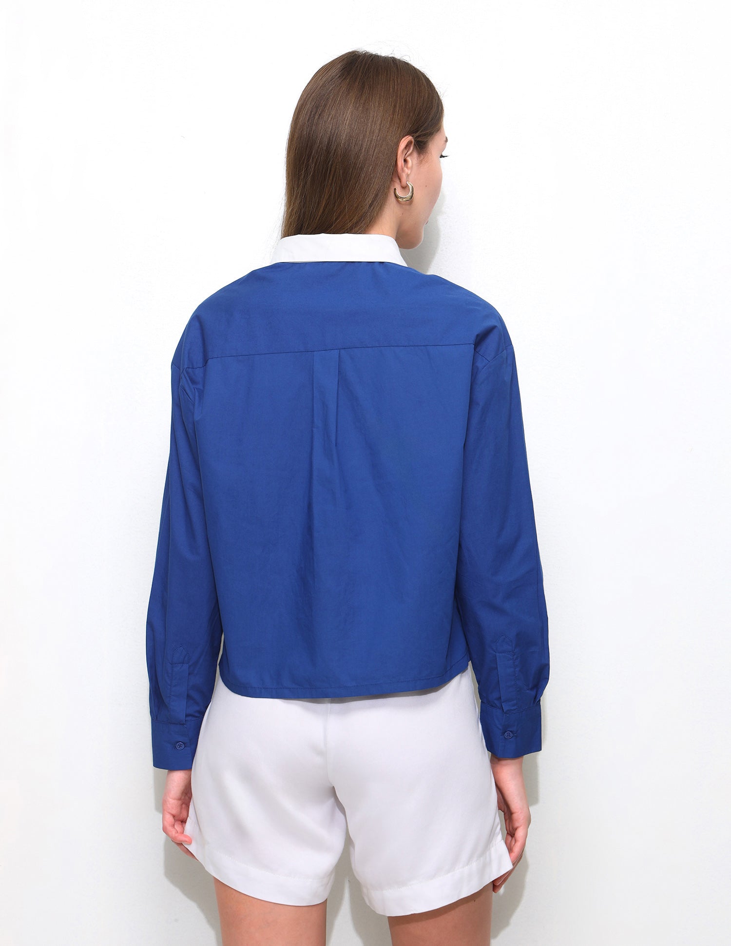 Boxy Fit Contrast Collar Cropped Shirt Blue - U.S. Polo Assn. India | Large