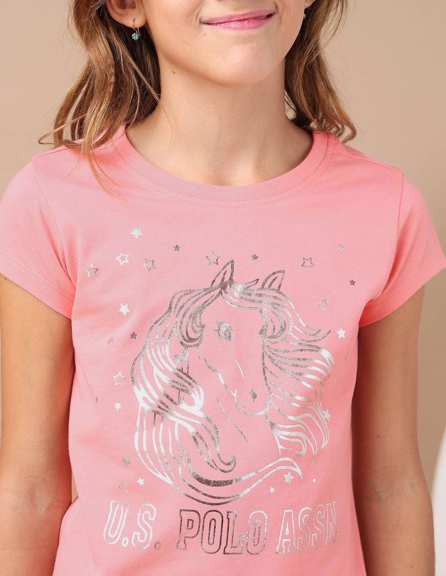 Girls Foil Print Regular Fit T-Shirt Pink - U.S. POLO ASSN. | Large
