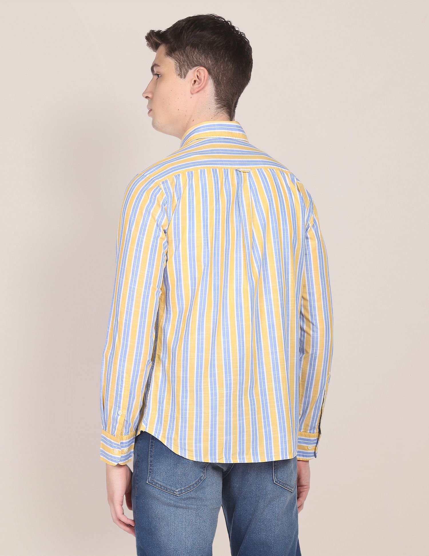 Men Yellow And Blue Vertical Stripe Cotton Casual Shirt Yellow and Blue - U.S. Polo Assn. India | Large