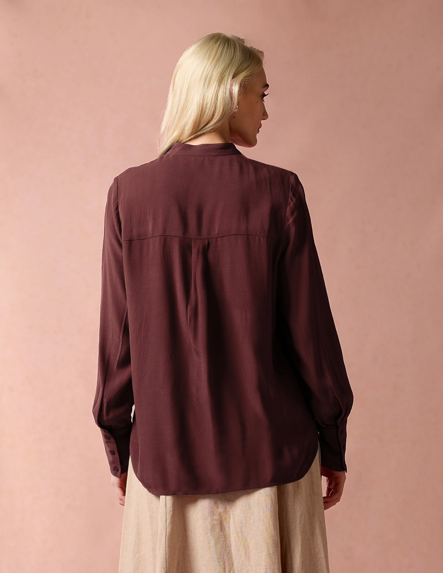 Mandarin Collar Pintucked Top Maroon - U.S. POLO ASSN. | Large