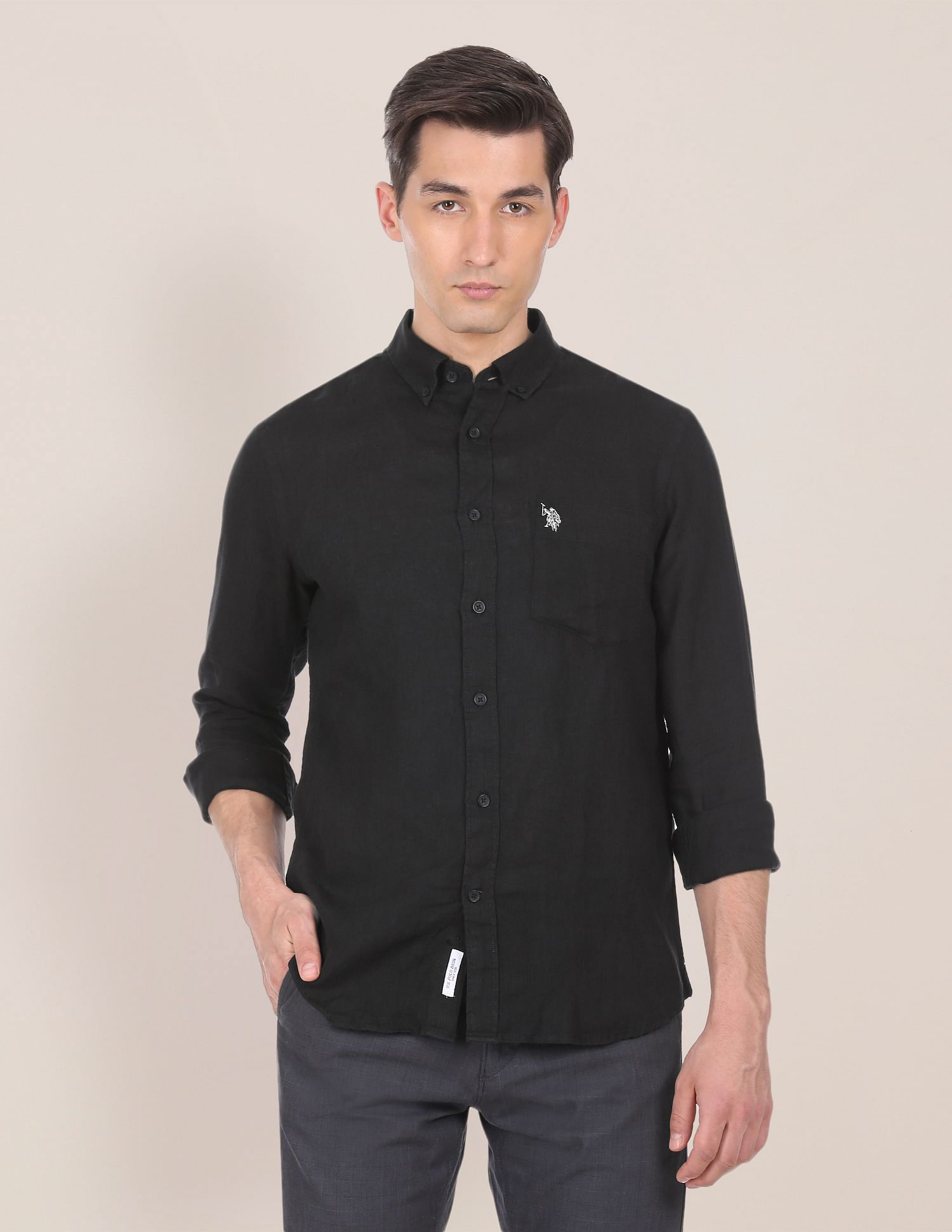 Men Black Button Down Collar Linen Solid Casual Shirt Black - U.S. POLO ASSN. | Large