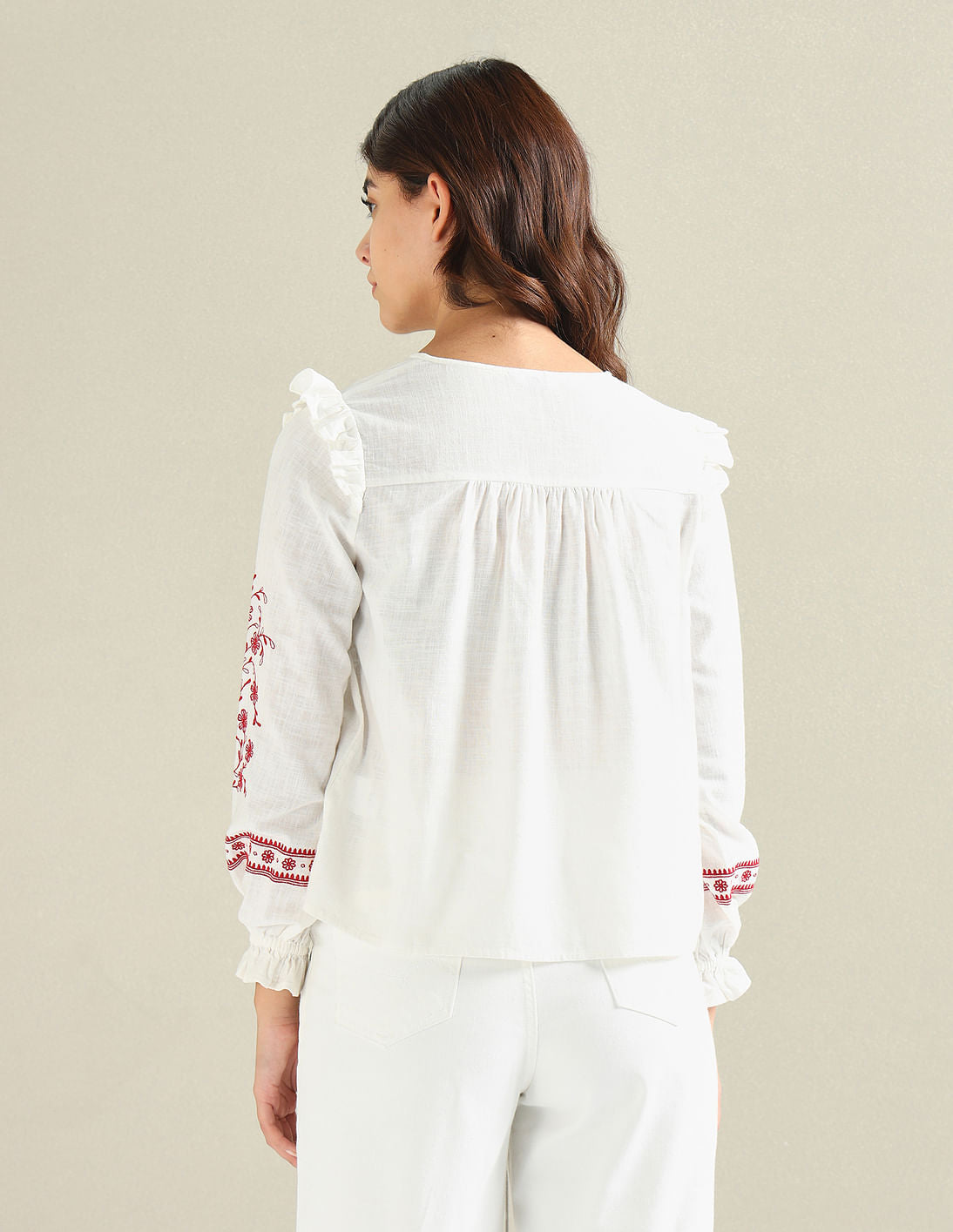 Embroidered Sleeve Cotton Flax Top White - U.S. Polo Assn. India | Large