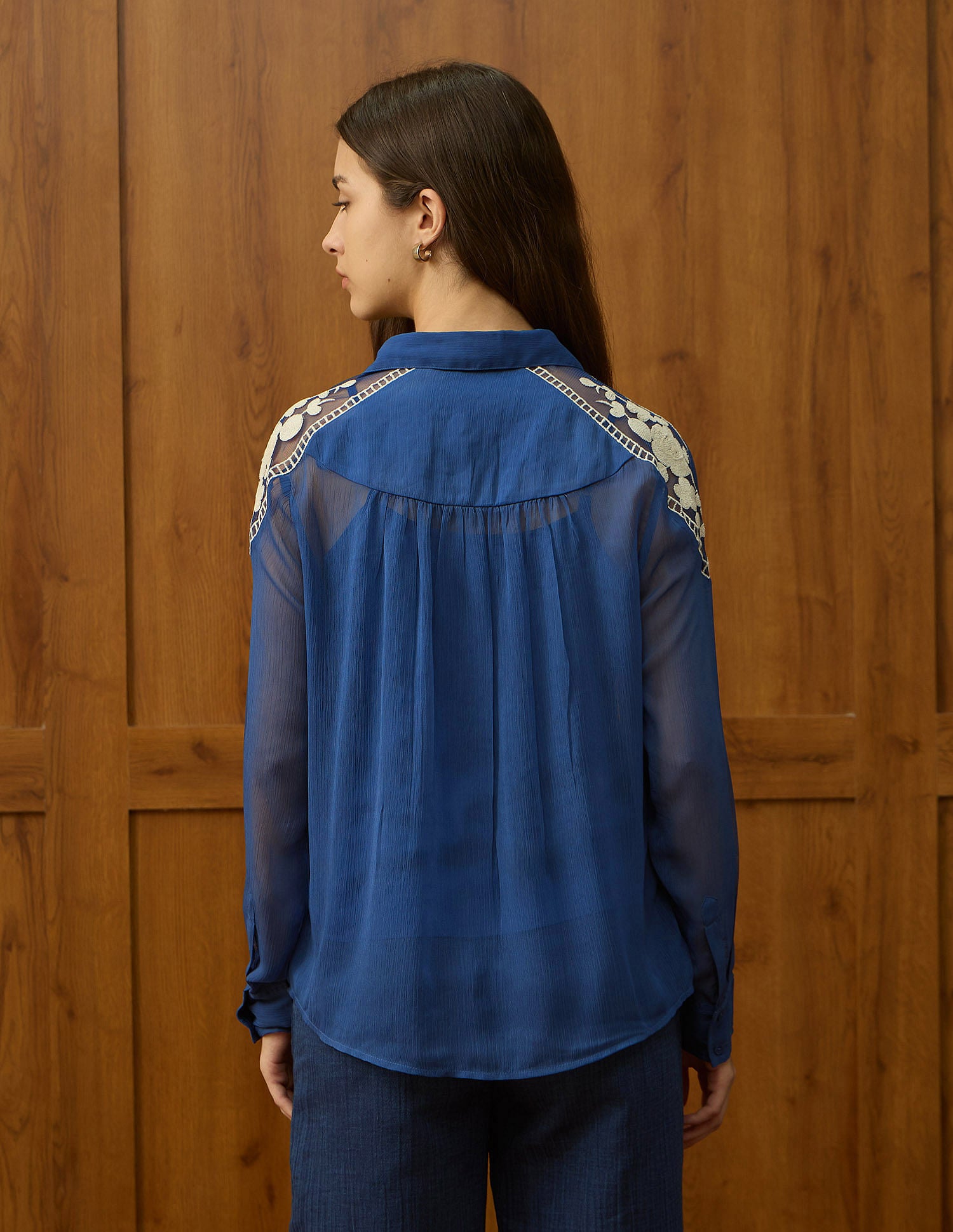 Chiffon Sheer Floral Embroidered Shirt Blue - U.S. Polo Assn. India | Large