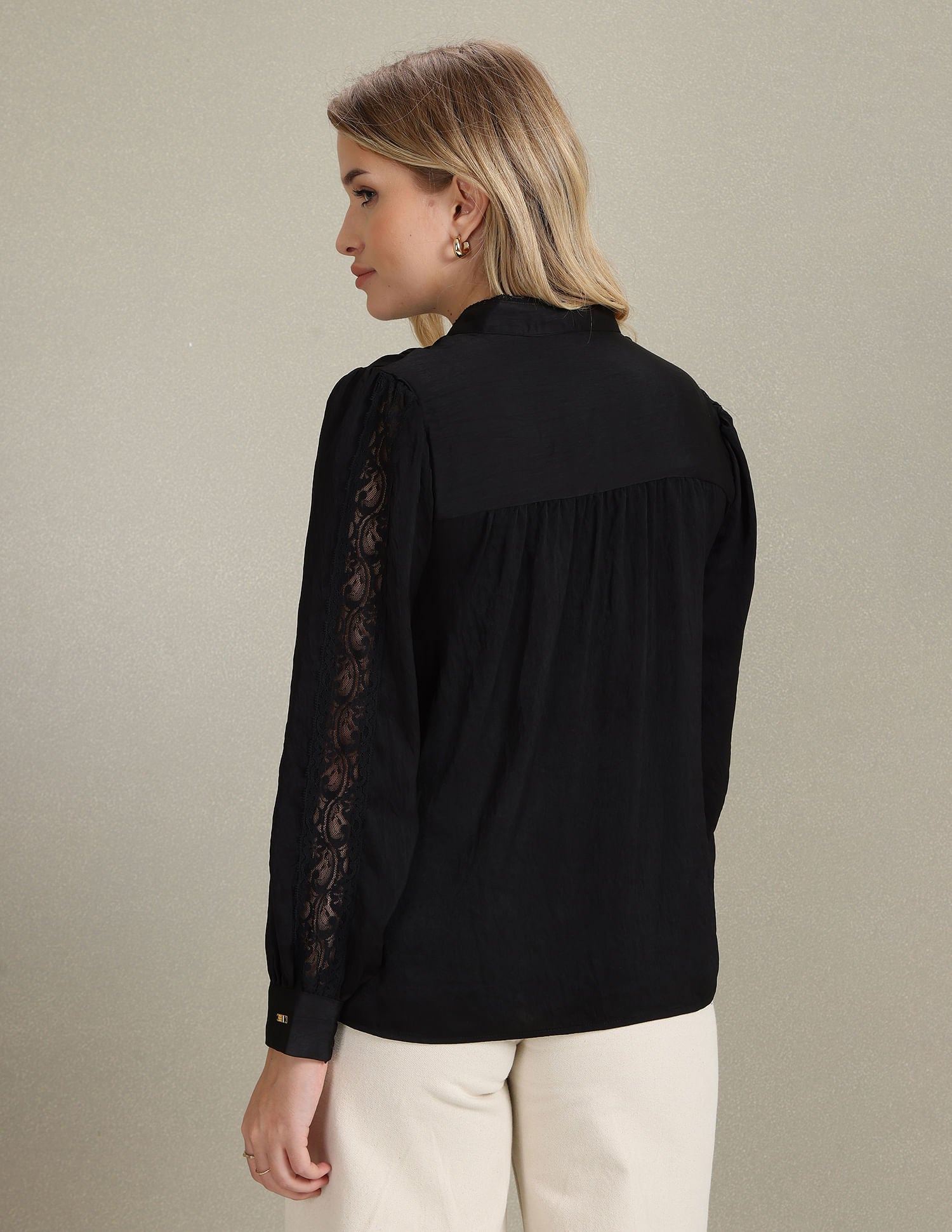 Lace Detail Solid Shirt Black - U.S. POLO ASSN. | Large