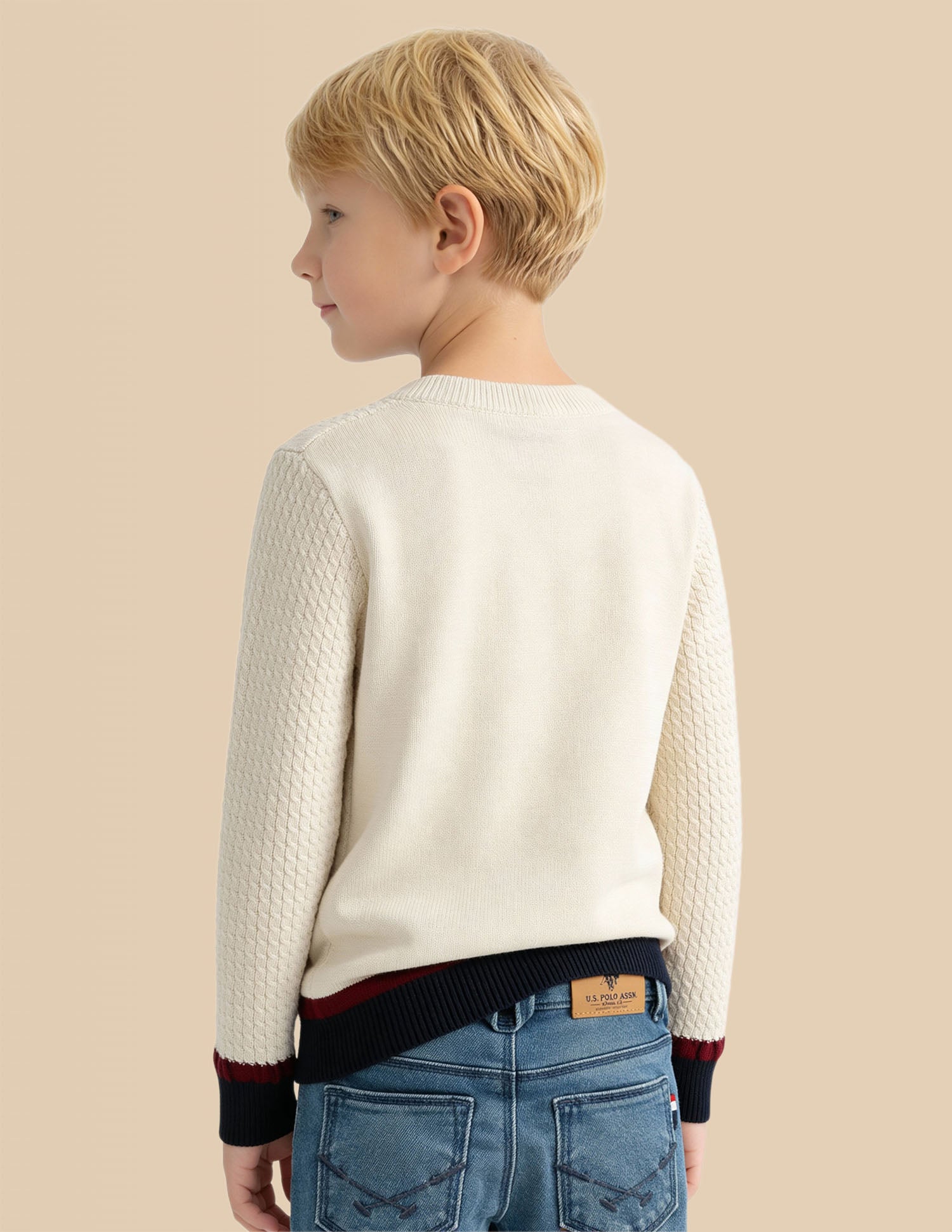 Boys Cable Knit Regular Fit Sweater Off White - U.S. Polo Assn. India | Large