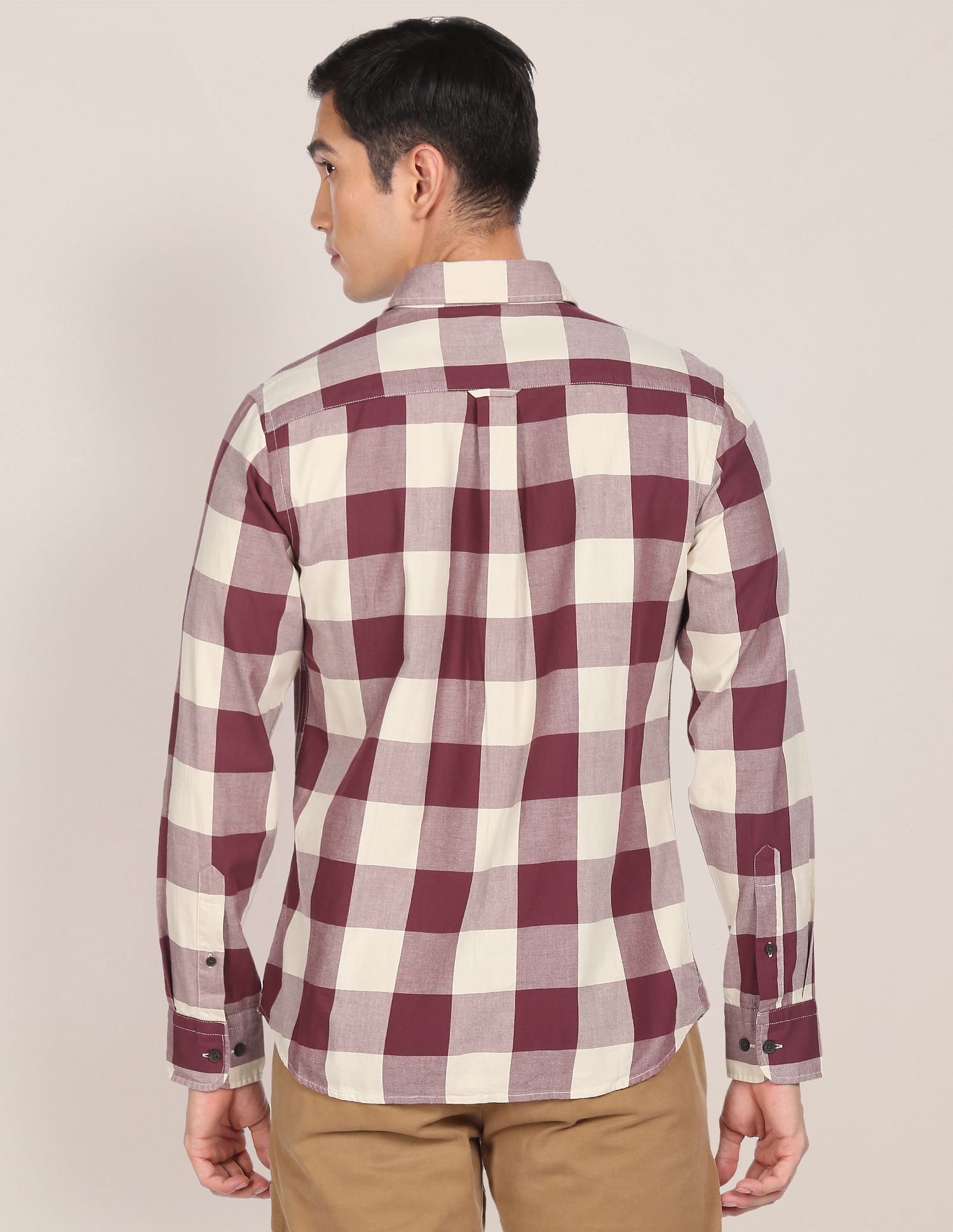 Men Maroon And Beige Spread Collar Check Casual Shirt Maroon and Beige - U.S. POLO ASSN. | Large
