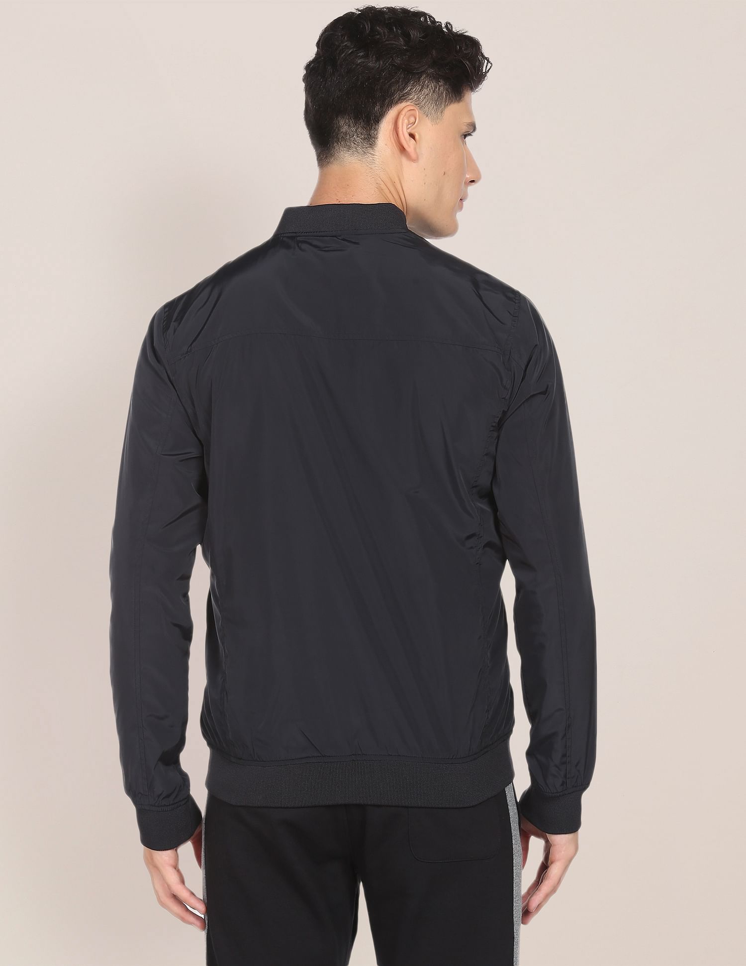 Men Black Solid Stand Collar Bomber Jacket Black - U.S. Polo Assn. India | Large