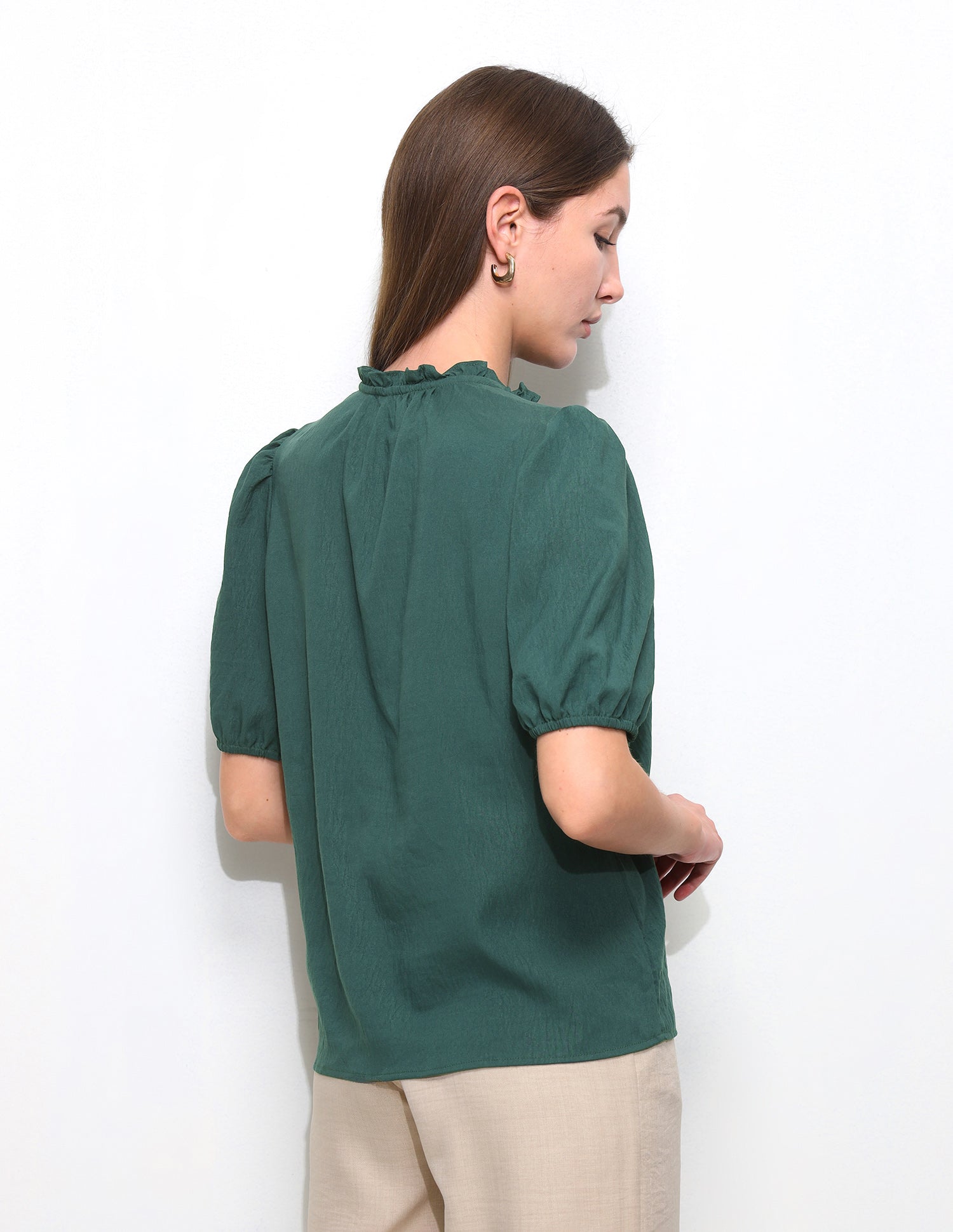 Solid Ruffle Neck Puff Sleeve Top Dark Green - U.S. Polo Assn. India | Large