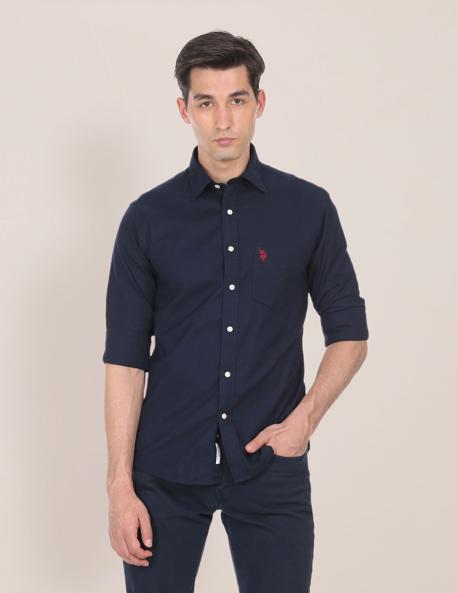 Spread Collar Solid Casual Shirt Navy - U.S. POLO ASSN. | Large
