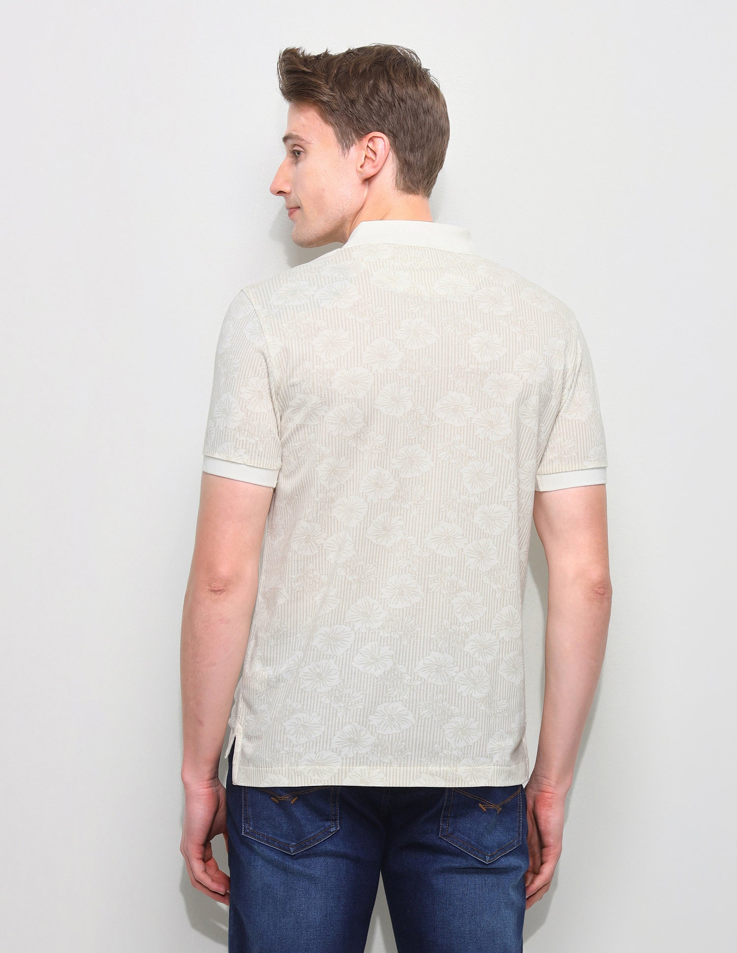 Floral Vertical Striped Slim Fit Polo Shirt Off White - U.S. Polo Assn. India | Large