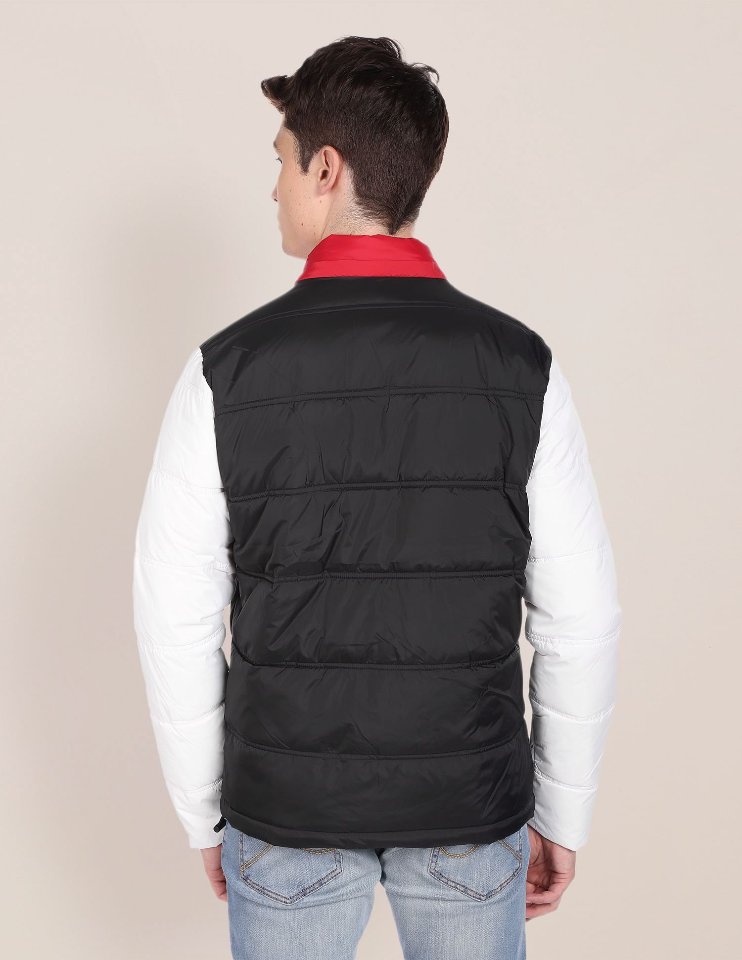 Men Black And White High Neck Colour Block Puffer Jacket Black and White - U.S. POLO ASSN. | Large