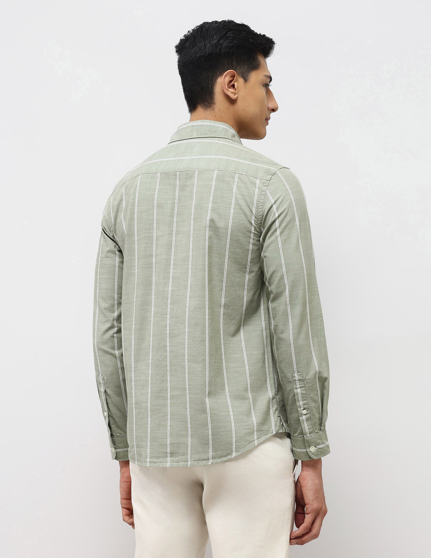 Vertical Striped Pure Cotton Shirt Light Olive - U.S. Polo Assn. India | Large
