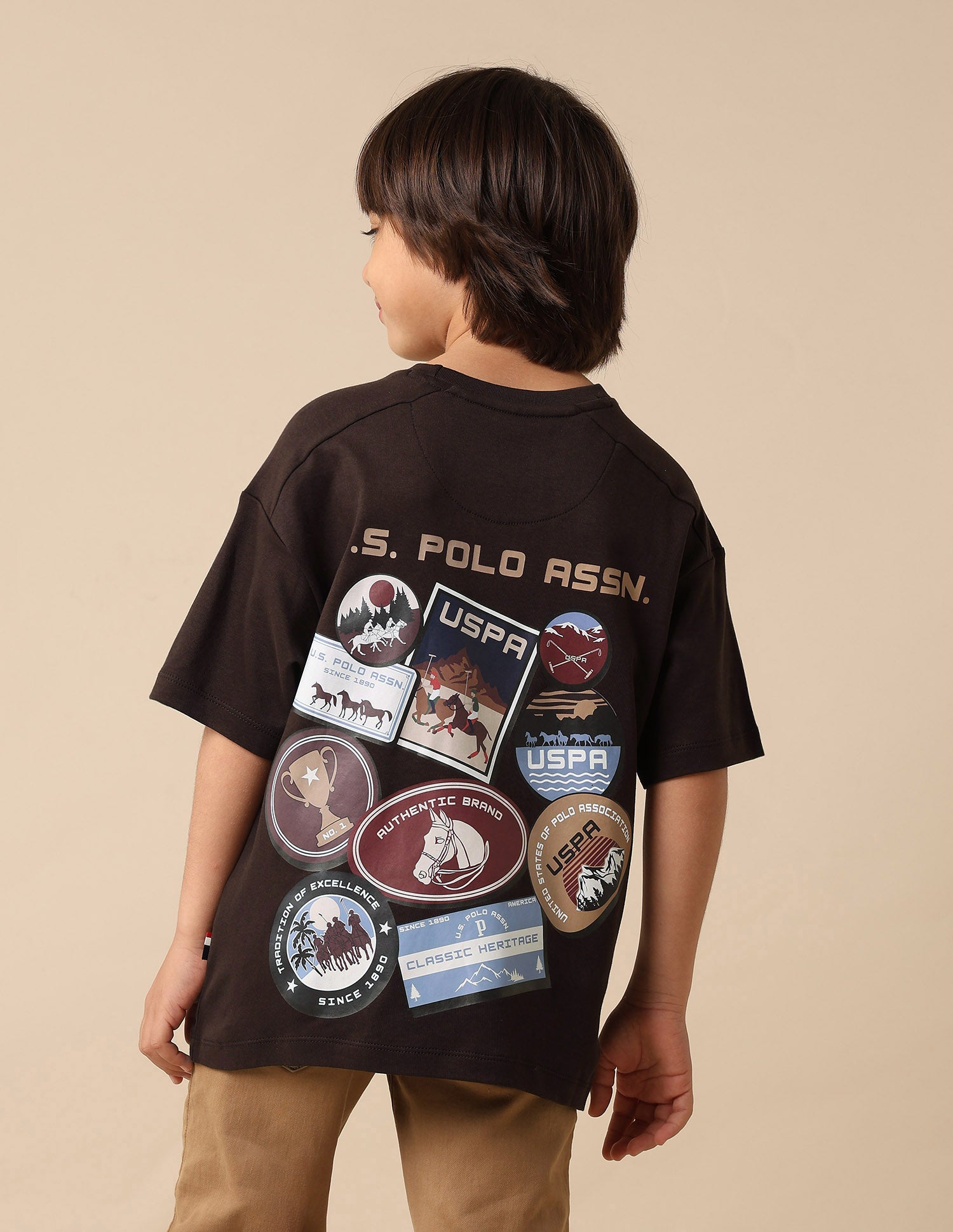 Boys Graphic Brand Printed Boxy Fit T Shirt Dark Brown - U.S. POLO ASSN. | Large