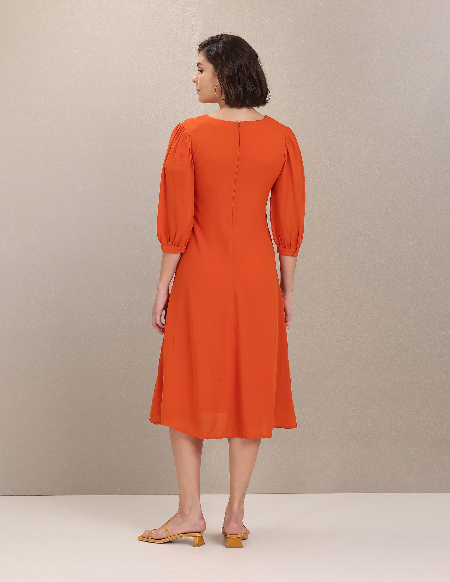 Solid Three Quarter Sleeve A-Line Dress Orange - U.S. Polo Assn. India | Large