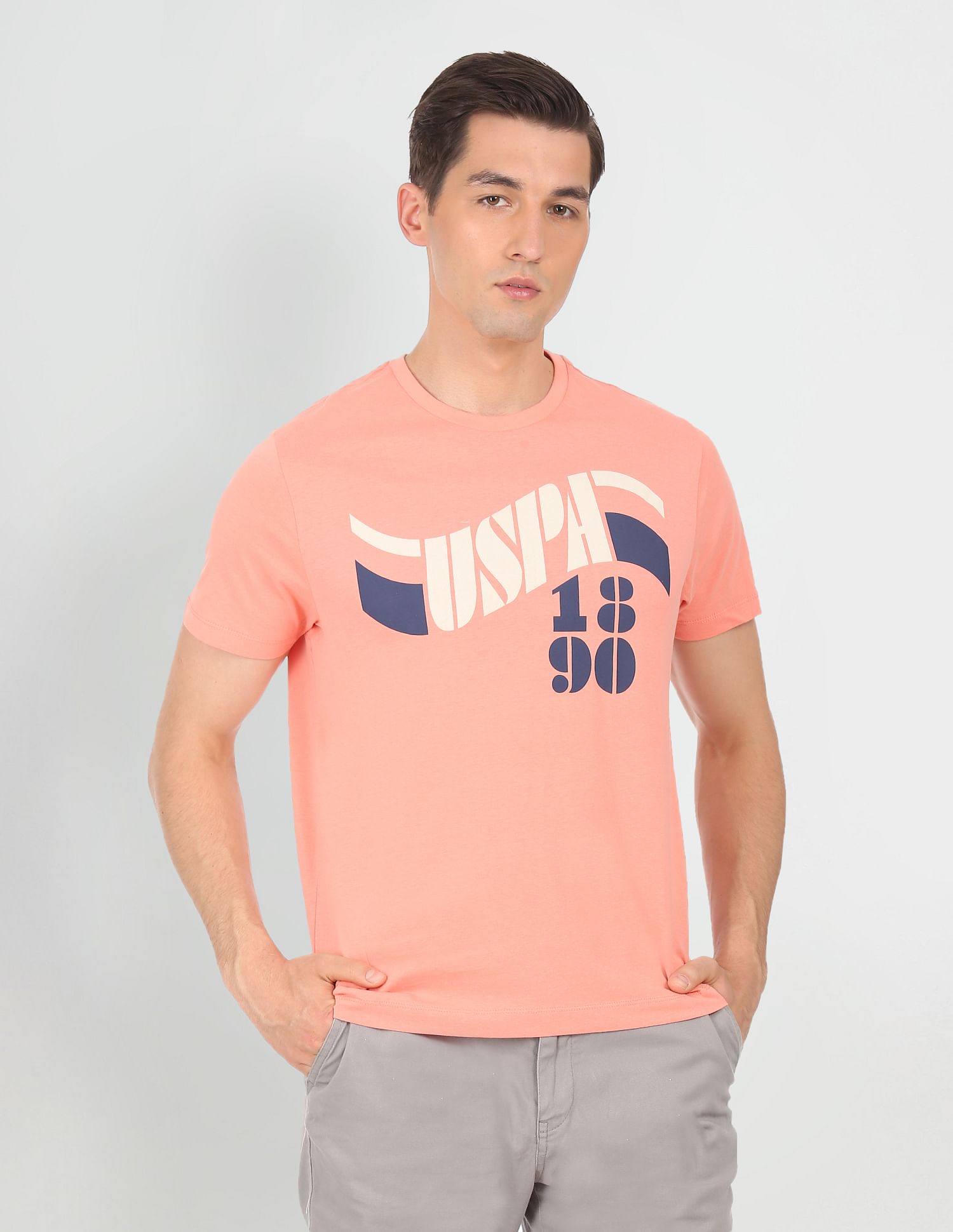 Men Peach Cotton Brand Print T-Shirt Peach - U.S. POLO ASSN. | Large