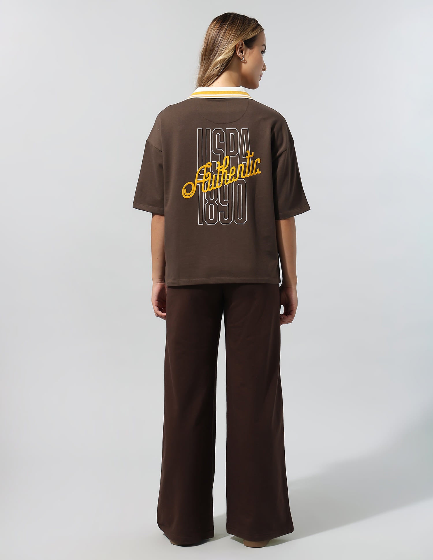 Polo Collar T-Shirt With Wide Leg Pants Brown - U.S. Polo Assn. India | Large