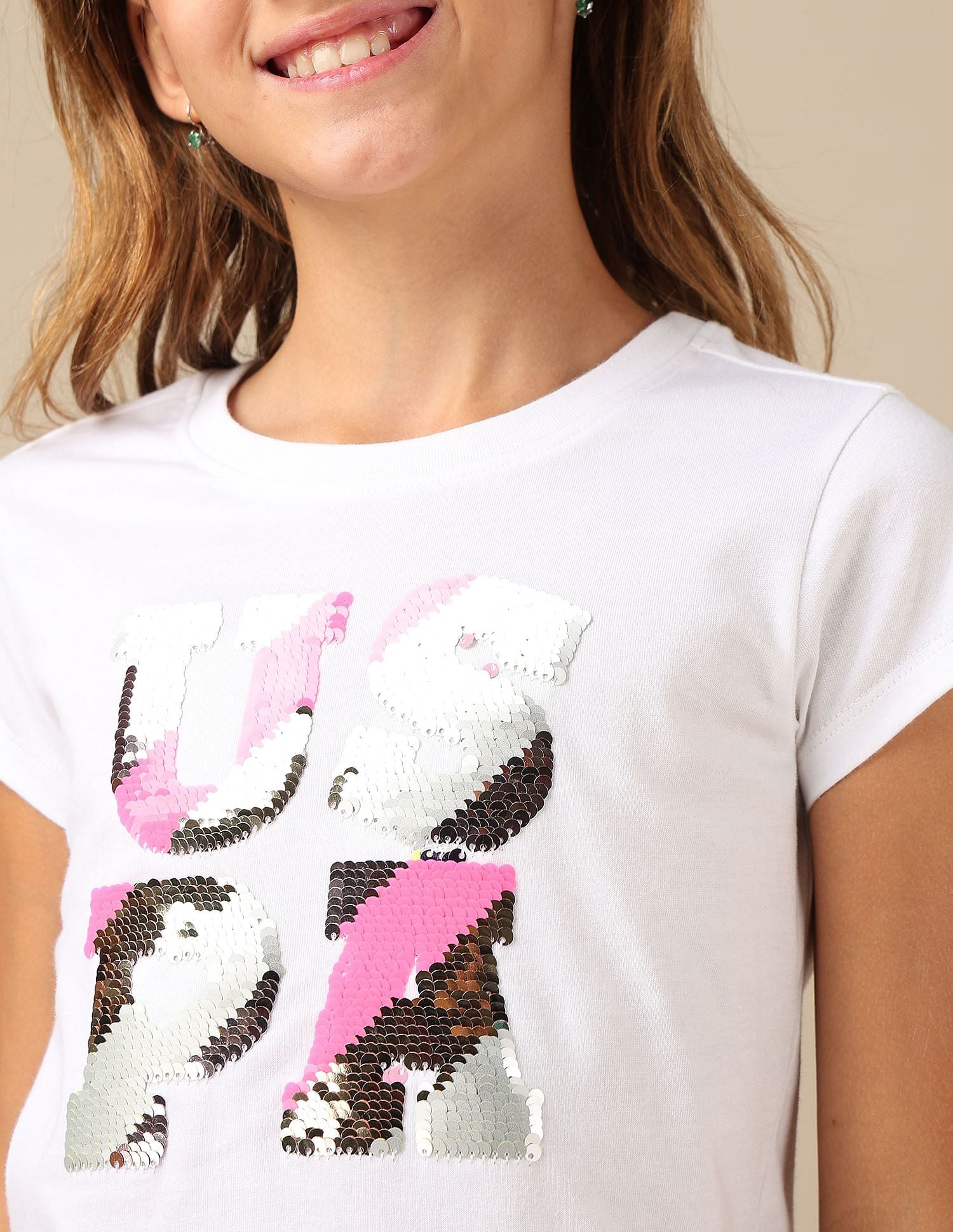 Girls Flip Sequins Regular Fit  T-Shirt White - U.S. POLO ASSN. | Large