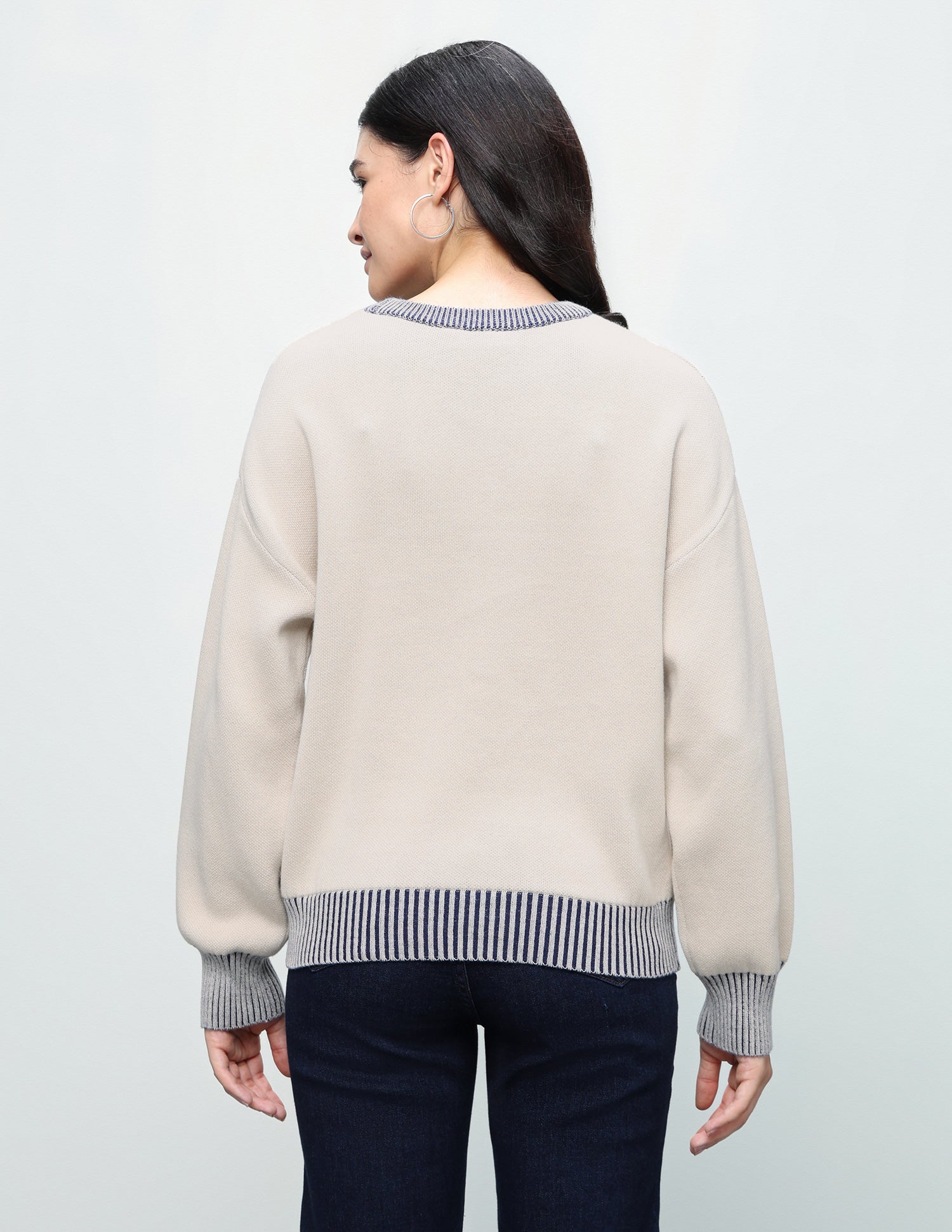 Typographic Patterned Knit Oversized Fit Sweater Off White - U.S. Polo Assn. India | Large