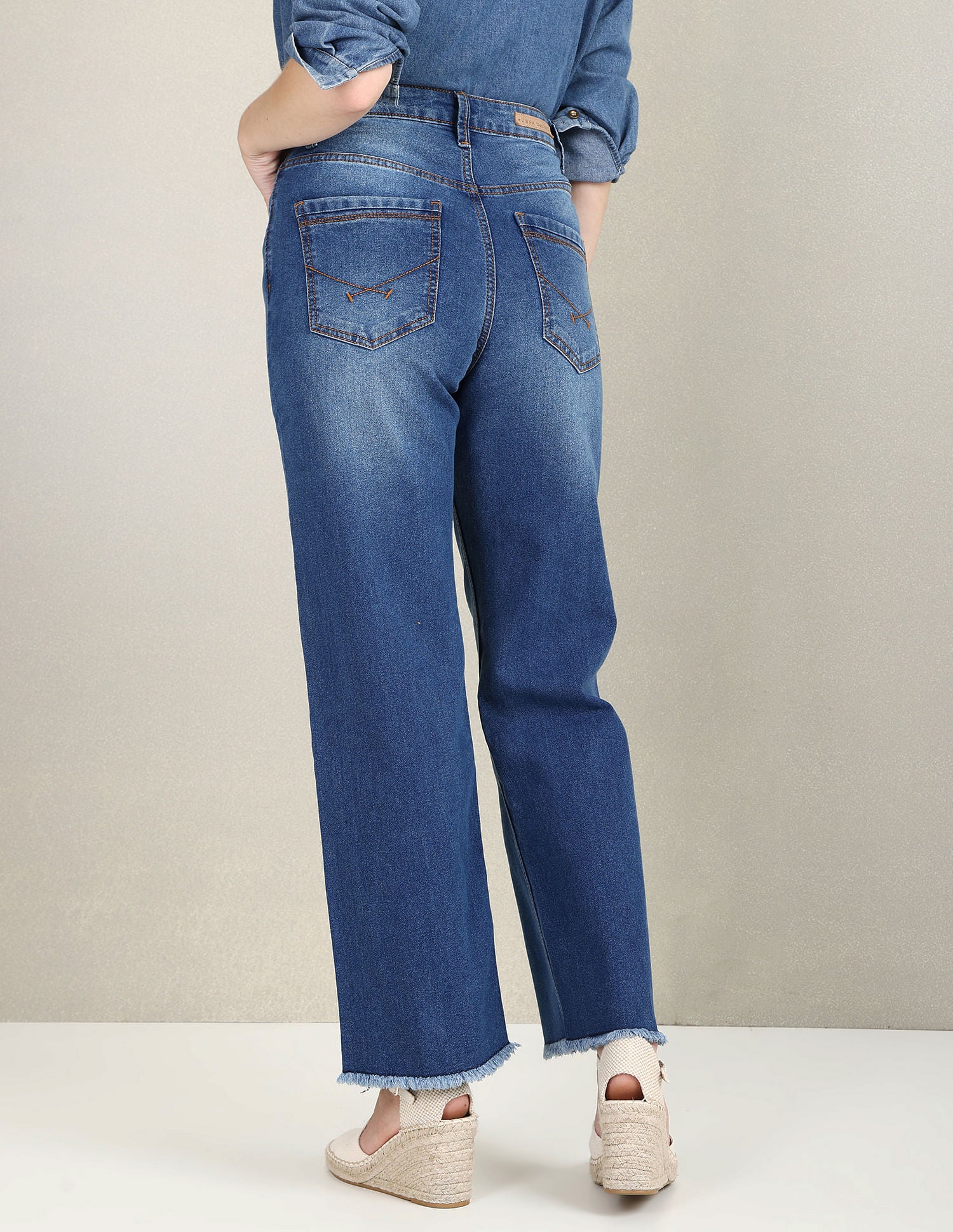 High Rise Wide Leg Whiskered Jeans Blue - U.S. POLO ASSN. | Large