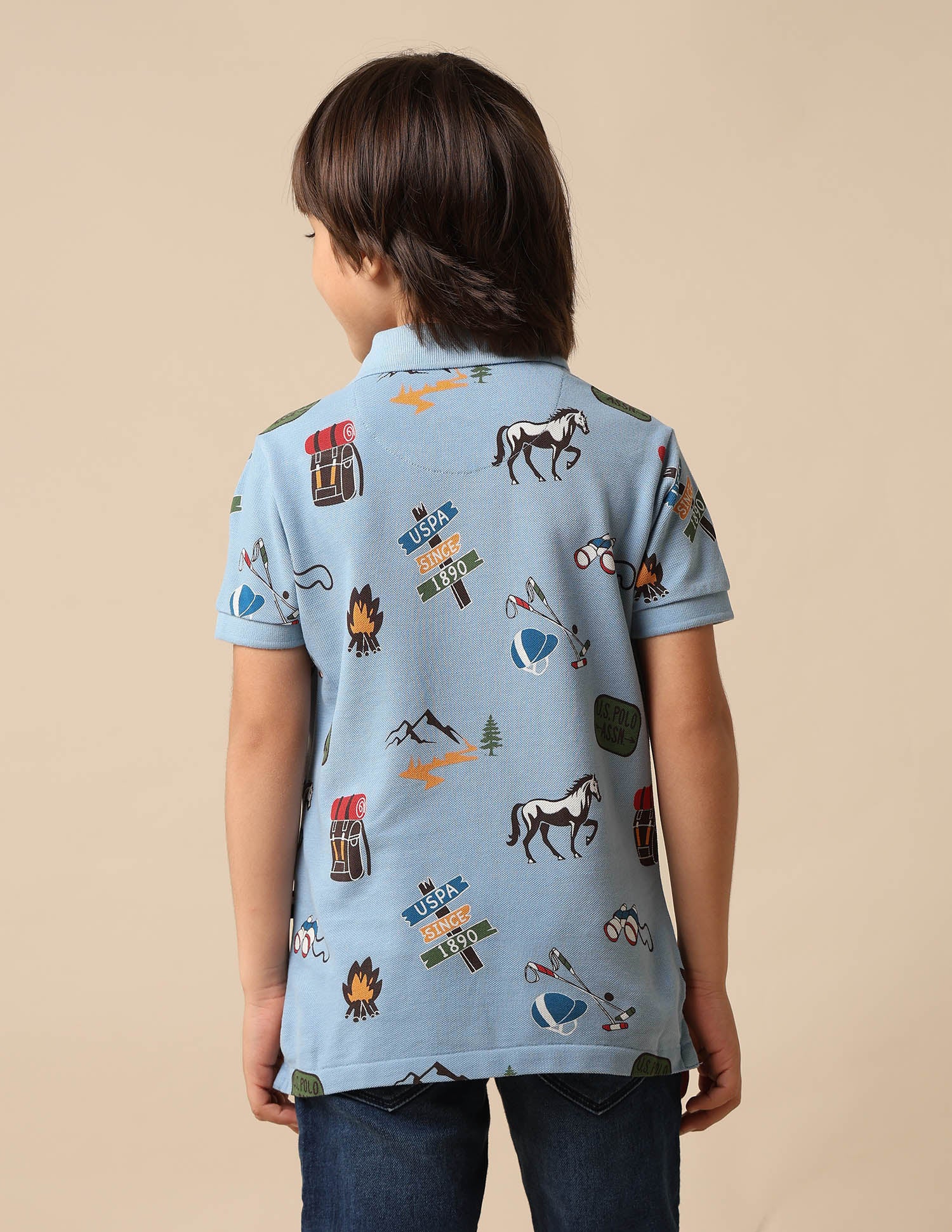 Boys All Over Printed Pure Cotton Polo Shirt Blue - U.S. POLO ASSN. | Large