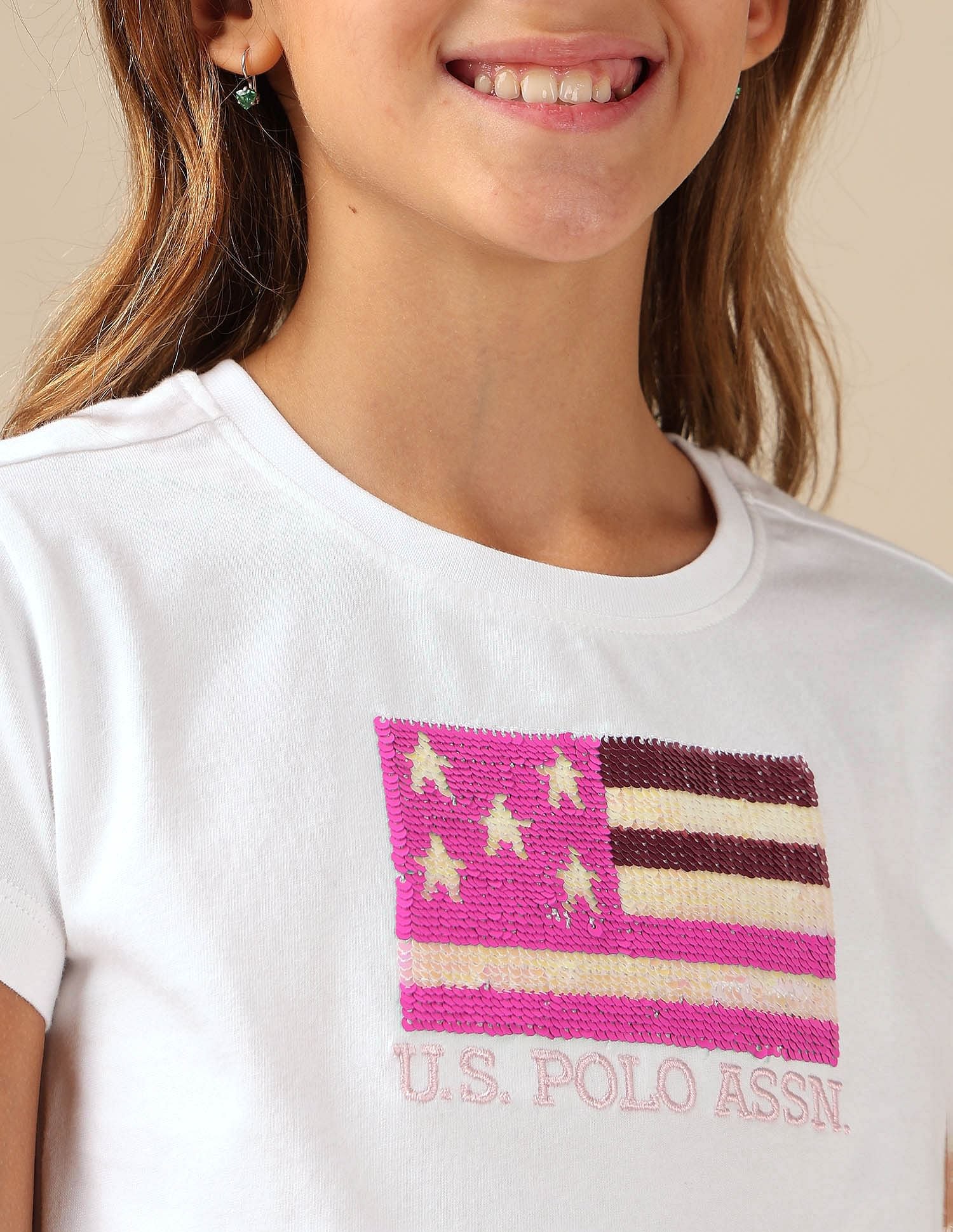 Girls Flip Sequins Relaxed Fit  T-Shirt White - U.S. POLO ASSN. | Large