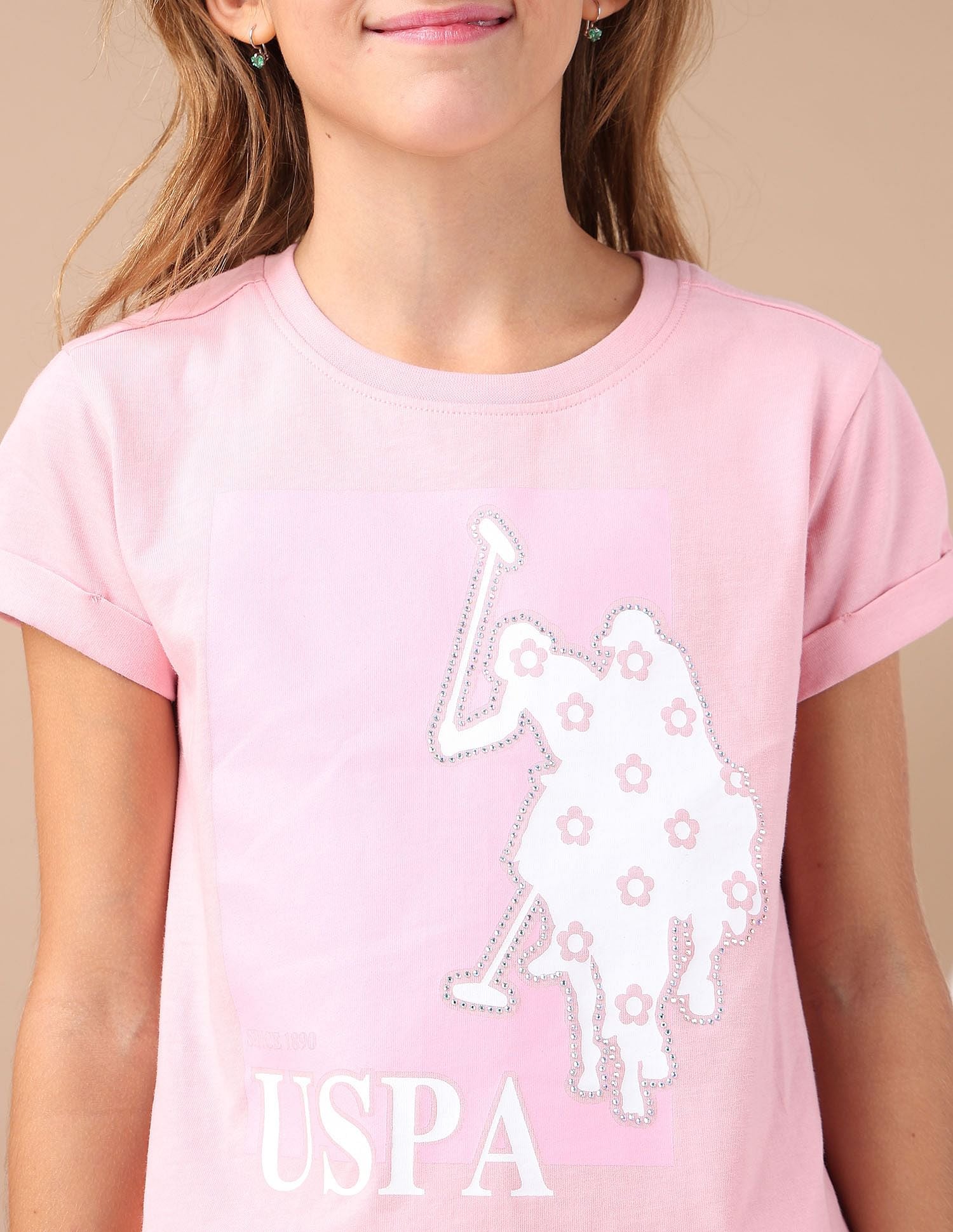 Girls Stud Detailed Relaxed Fit T-Shirt Pink - U.S. POLO ASSN. | Large