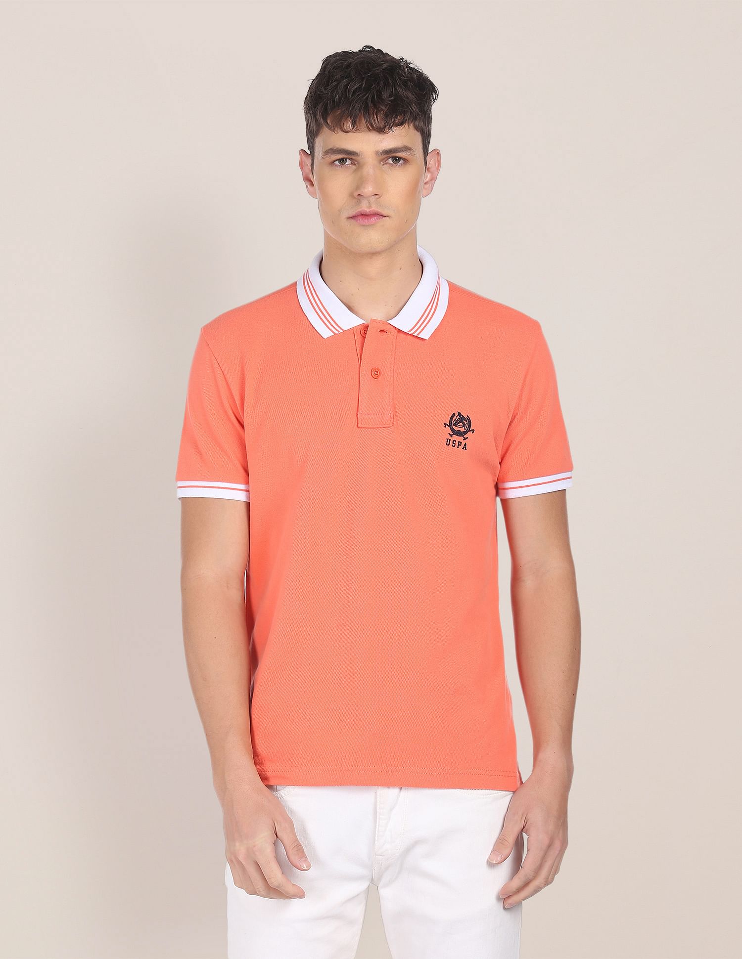 Men Peach Cotton Solid Polo Shirt Peach - U.S. POLO ASSN. | Large