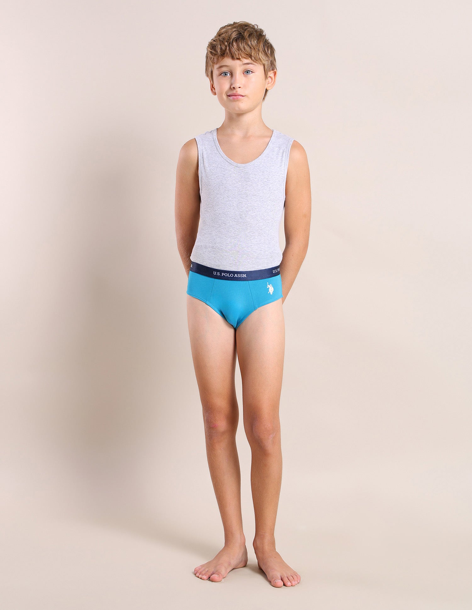 Boys Mid Rise Cotton Spandex Briefs - Pack Of 3 Navy, White and Blue - U.S. POLO ASSN. | Large