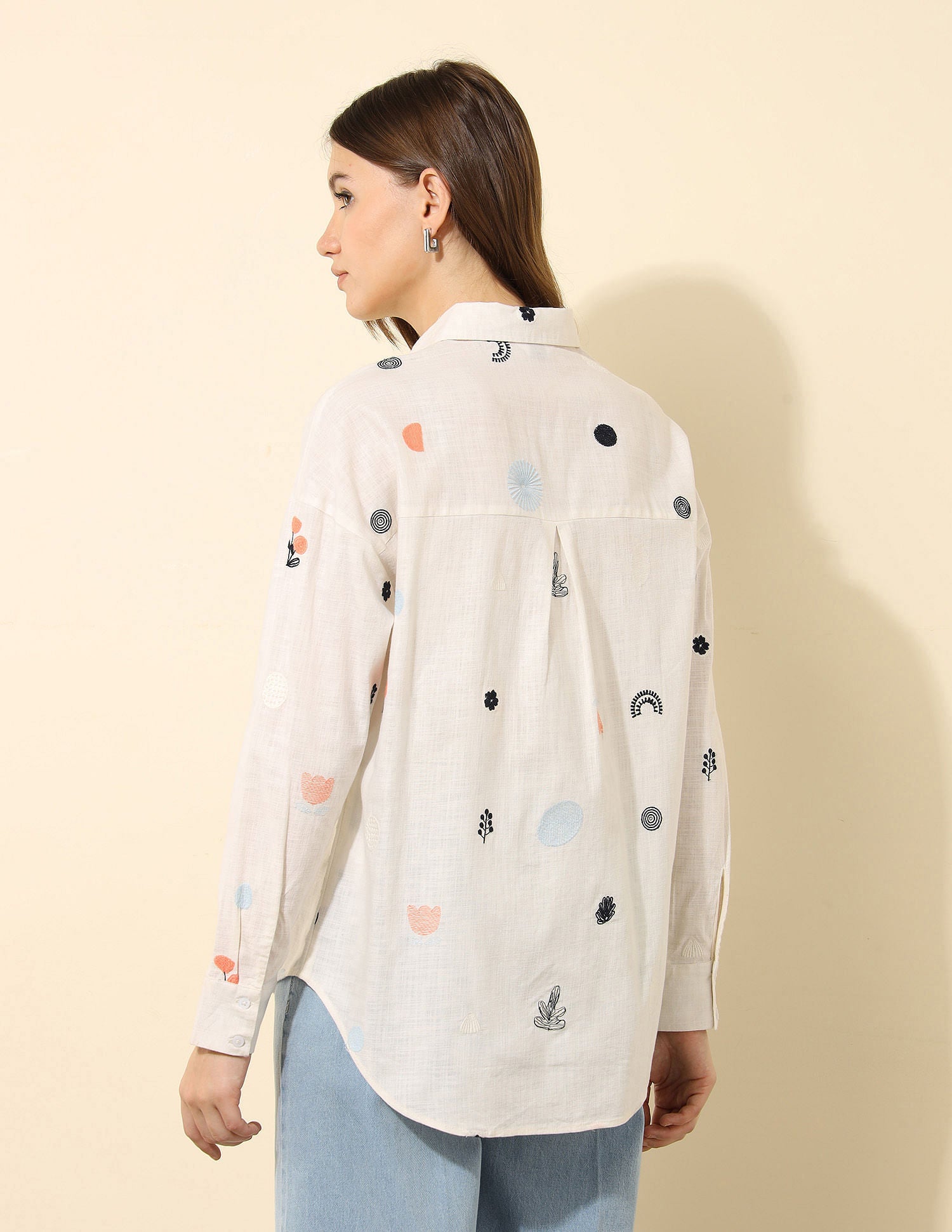 Oversized Floral Embroidered Shirt Off White - U.S. Polo Assn. India | Large