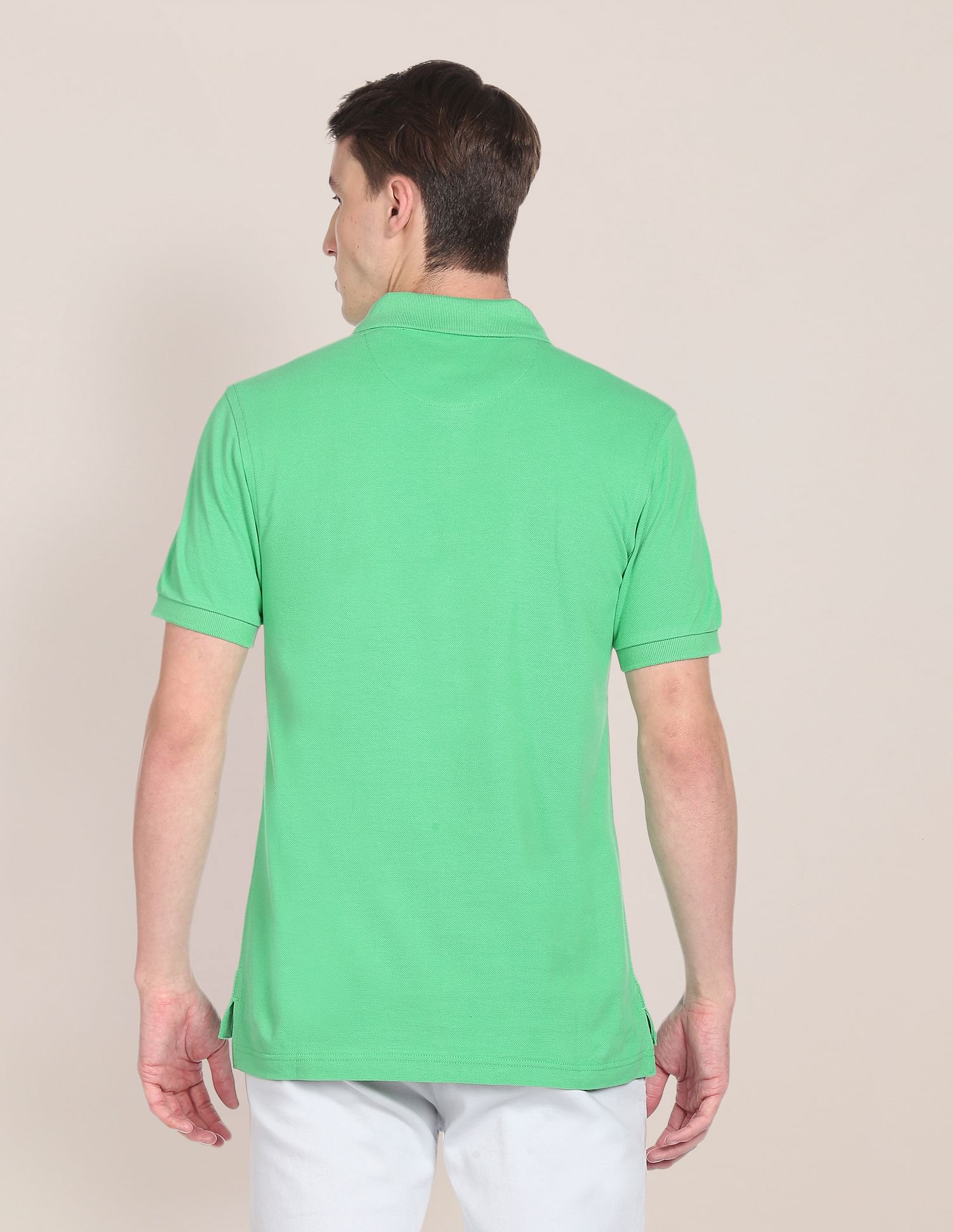 Ribbed Collar Pure Cotton Solid Polo Shirt Green - U.S. POLO ASSN. | Large