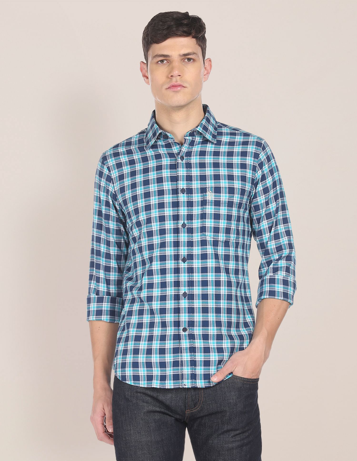 Men Navy And Aqua Spread Collar Check Casual Shirt Navy and Aqua - U.S. Polo Assn. India | Large