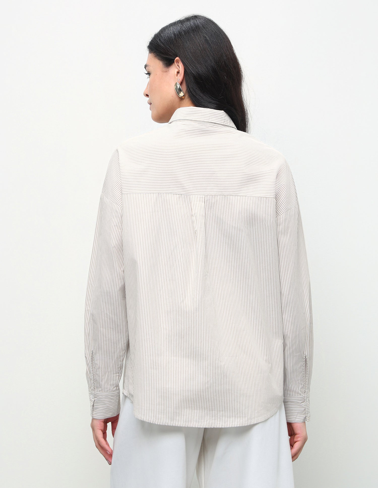 Vertical Striped Embroidered Oversized Fit Shirt Beige - U.S. Polo Assn. India | Large