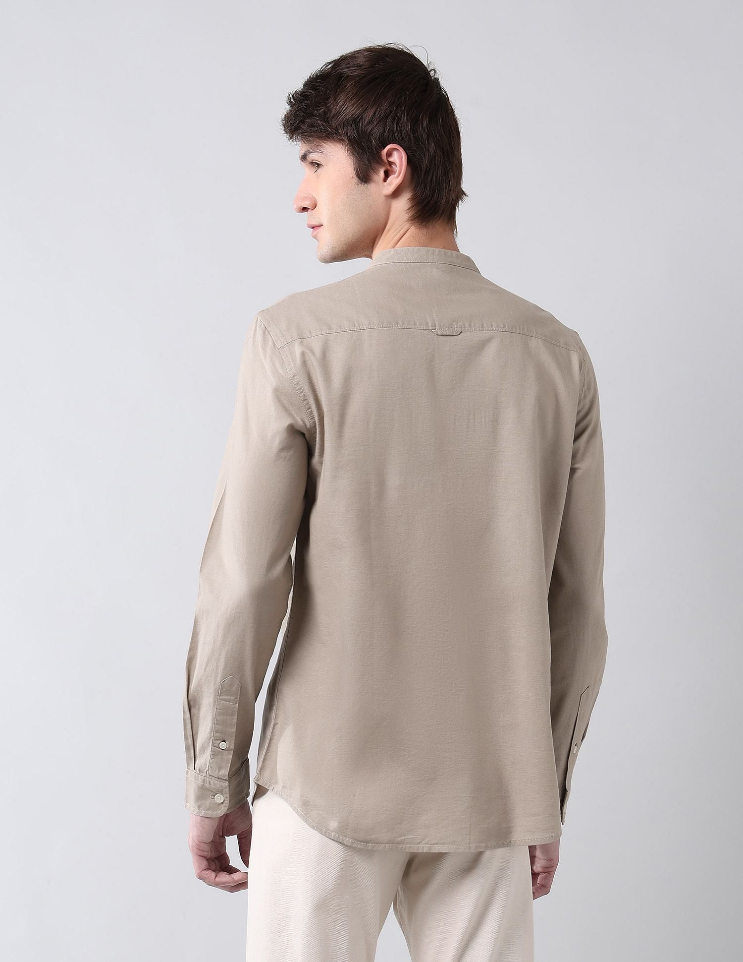 Solid Slub Mandarin Collar Shirt Khaki - U.S. Polo Assn. India | Large