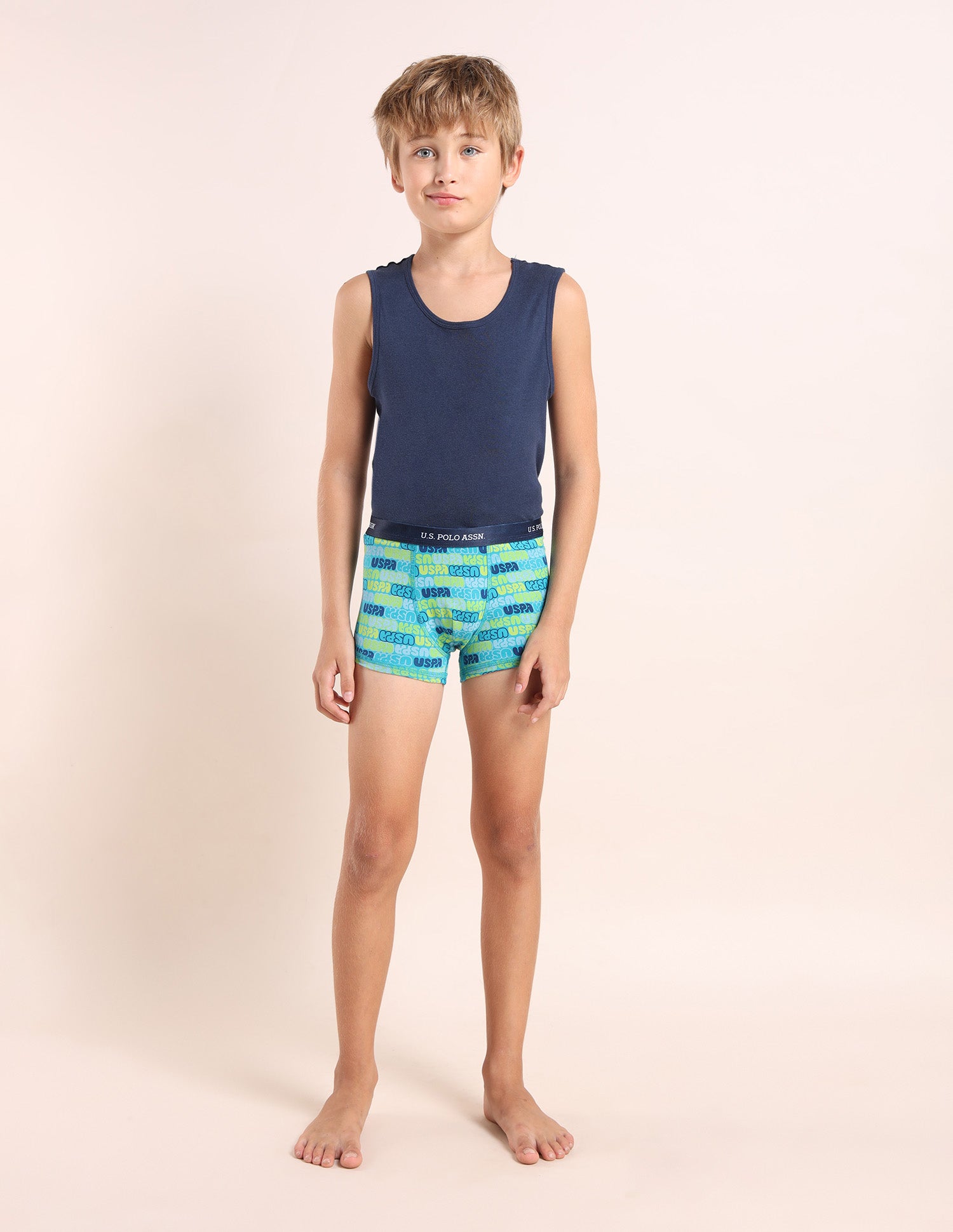 Boys Mid Rise Cotton Spandex Trunks - Pack Of 3 Blue, White and Navy - U.S. POLO ASSN. | Large