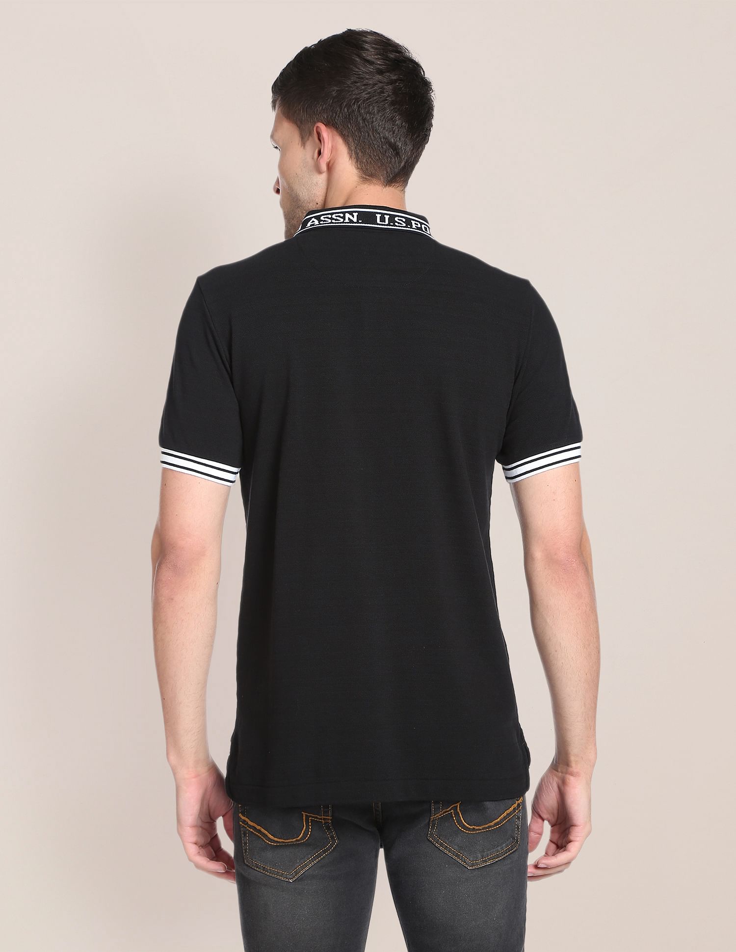 Branded Collar Jacquard Polo Shirt Black - U.S. Polo Assn. India | Large