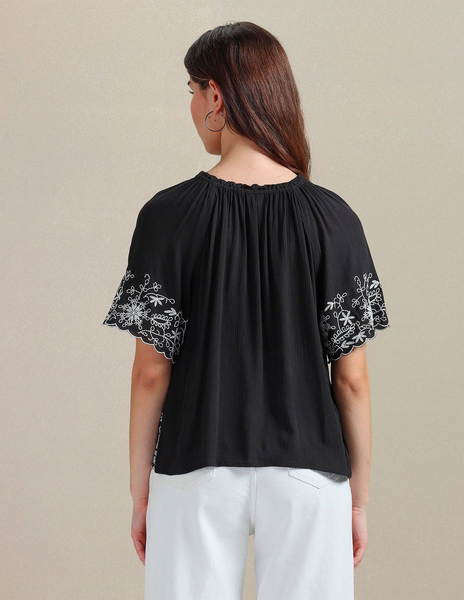 Crinkle Viscose Embroidered Top Black - U.S. Polo Assn. India | Large