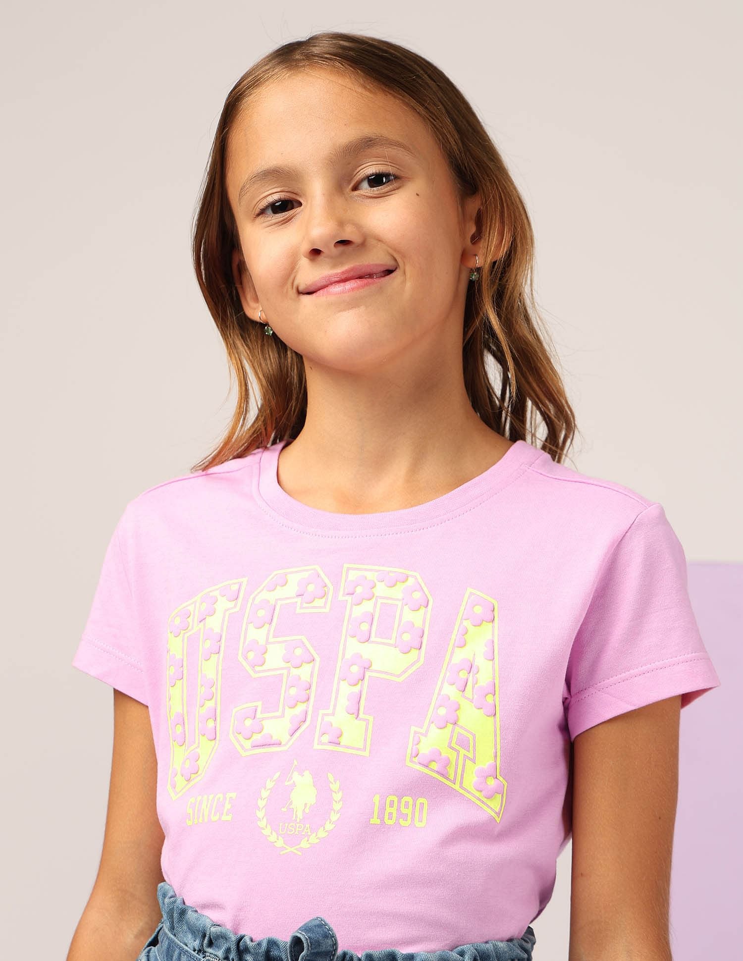 Girls Puff Print Relaxed Fit T-Shirt Pink - U.S. POLO ASSN. | Large