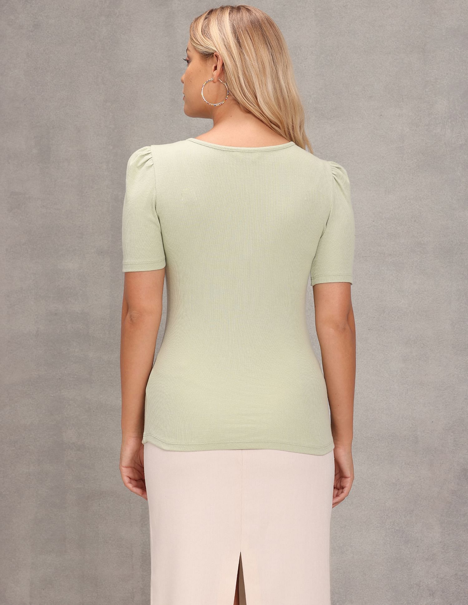 Puff Sleeve Round Neck Top Light Green - U.S. Polo Assn. India | Large