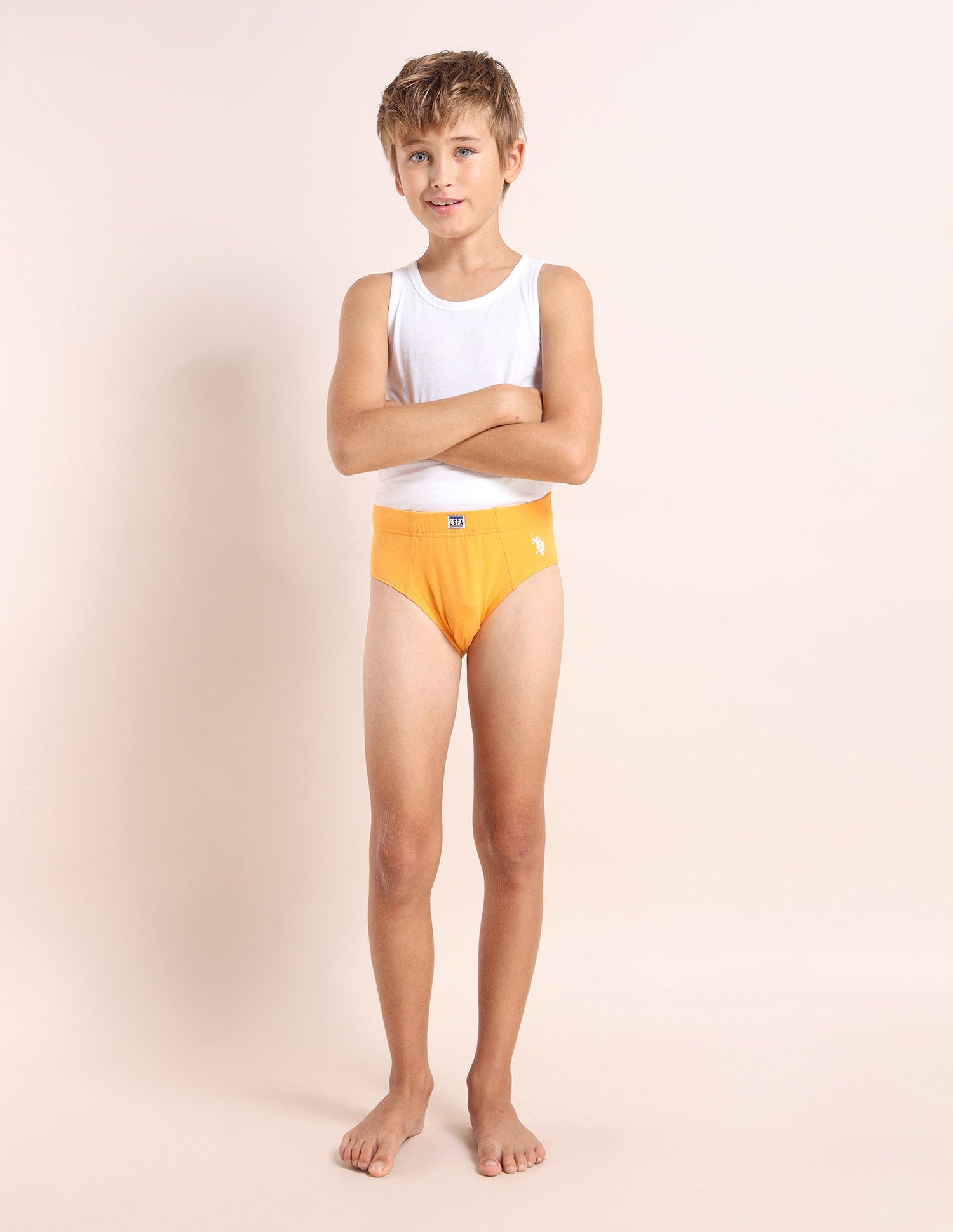 Boys Cotton Spandex Solid Briefs - Pack Of 3 Orange, Blue and White - U.S. POLO ASSN. | Large