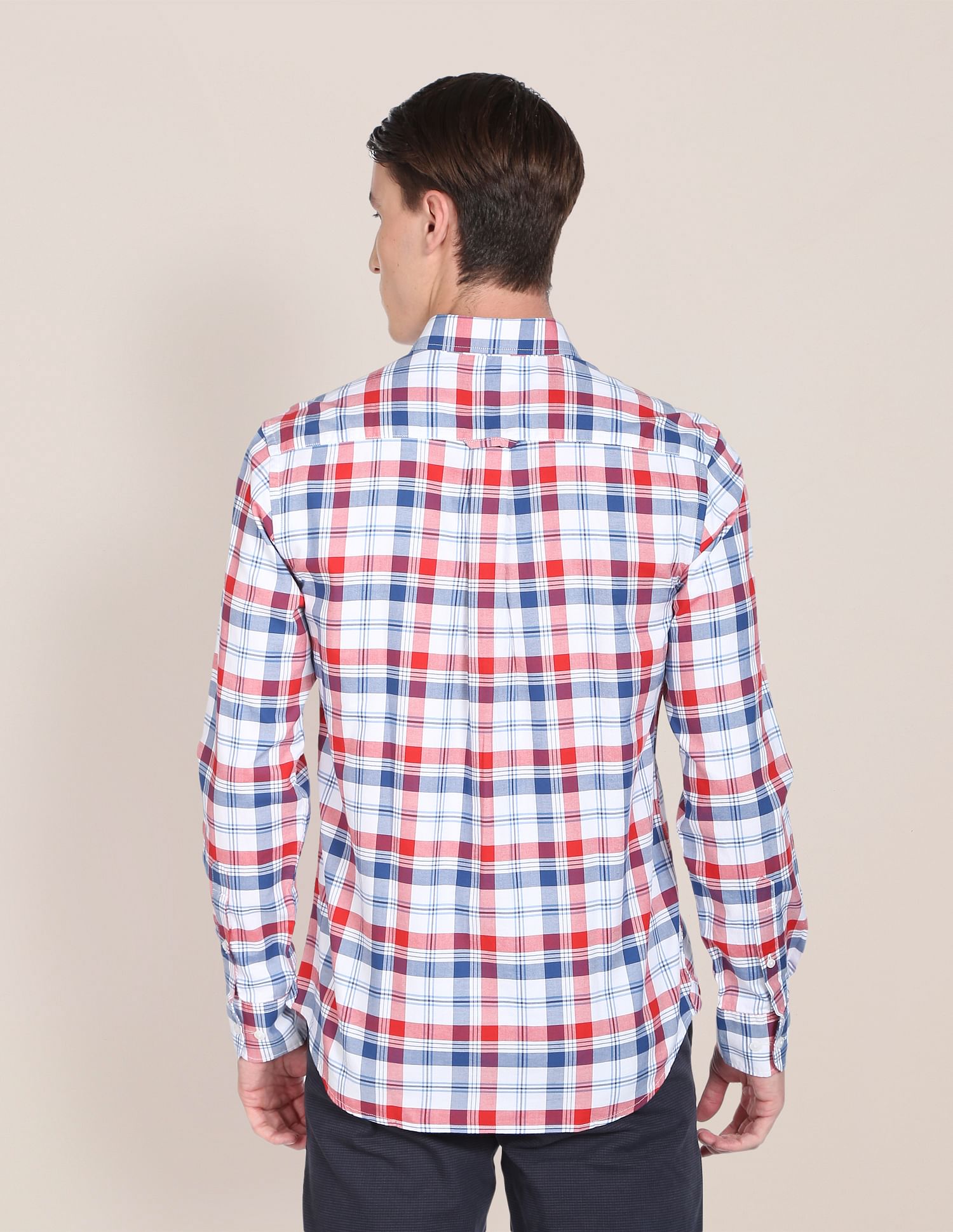 Men Red Twill Weave Premium Cotton Casual Shirt White, Red and Blue - U.S. Polo Assn. India | Large
