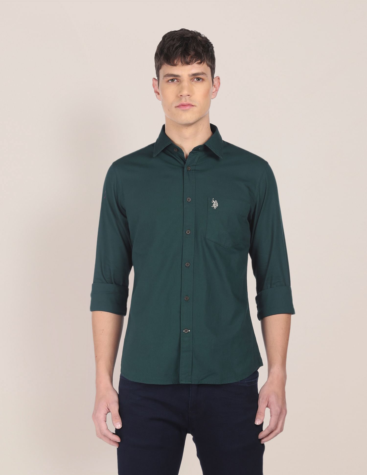 Men Dark Green Spread Collar Solid Casual Shirt Dark Green - U.S. POLO ASSN. | Large
