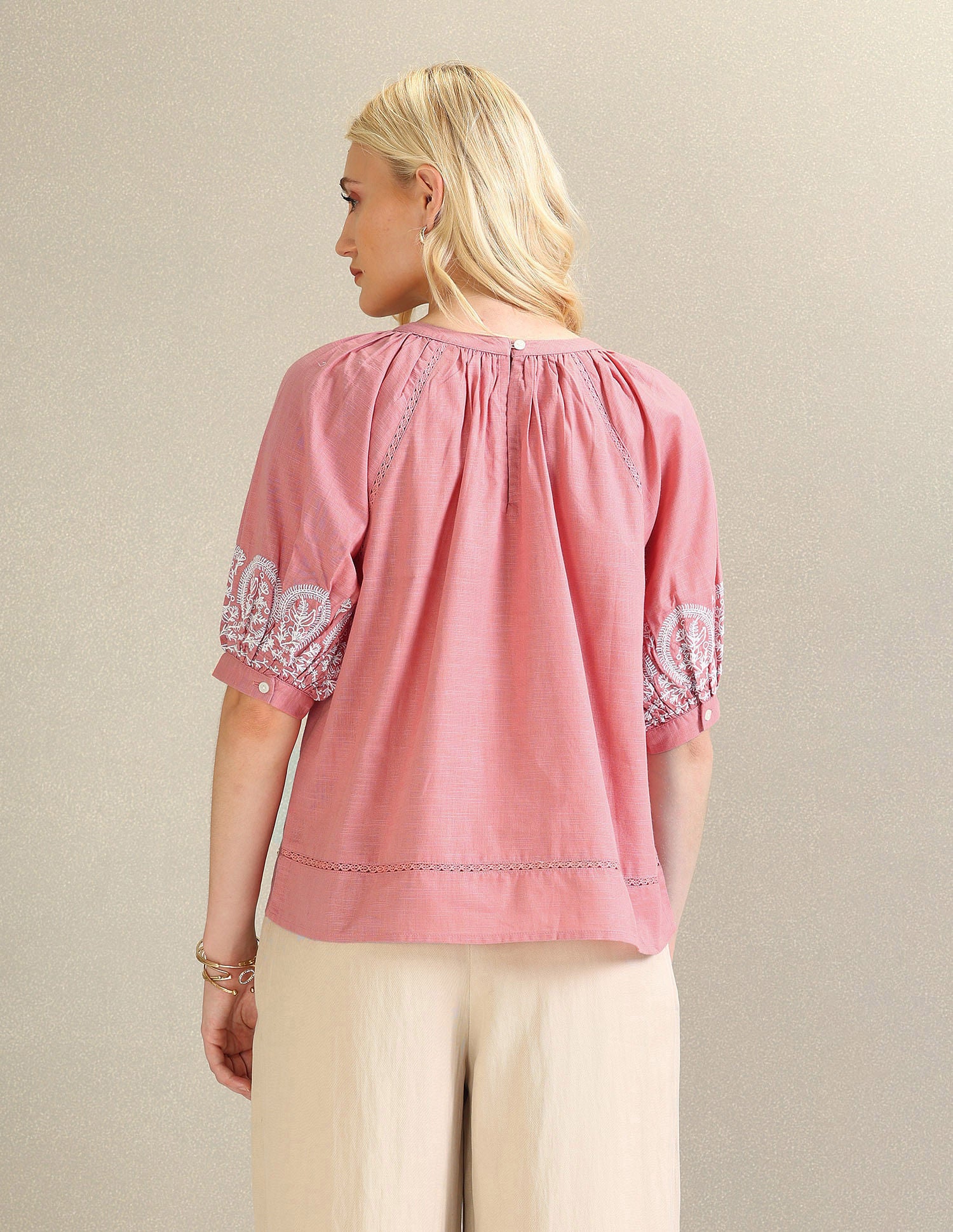 Embroidered Sleeve Cotton Top Pink - U.S. POLO ASSN. | Large
